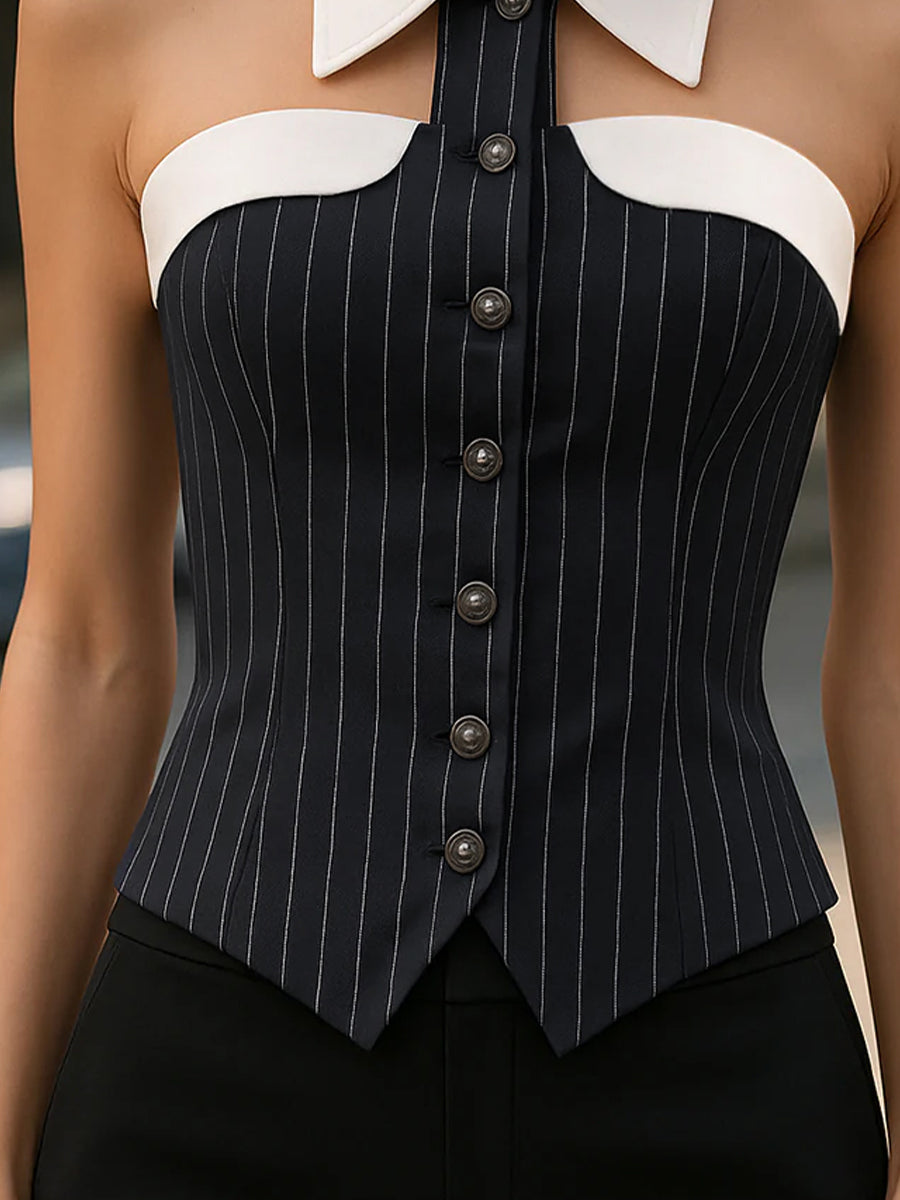 Léon Varel Pinstripe Top With Contrast Collar And Button Front