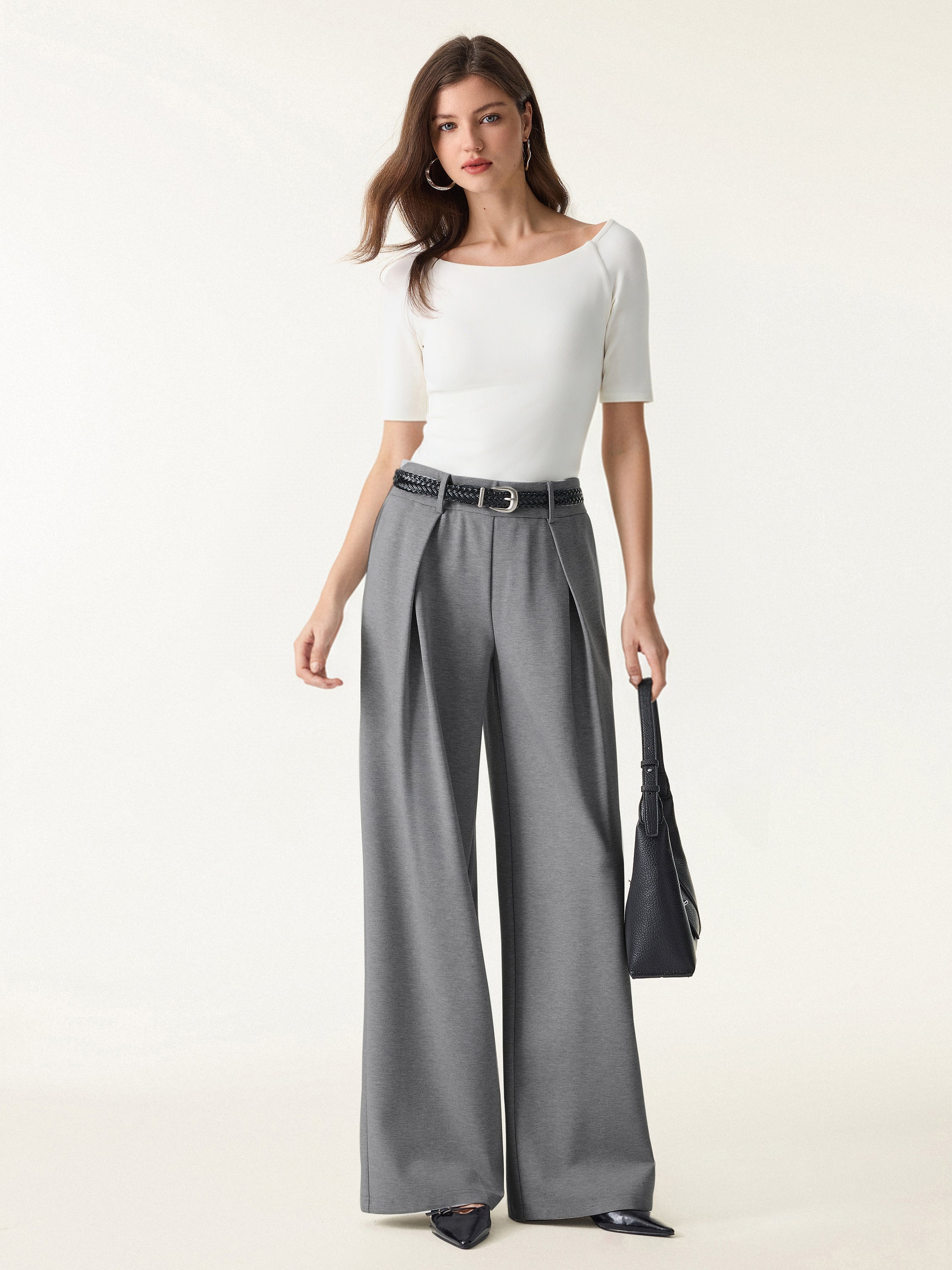 Wrinkle-Resistant Stretchy High Rise Wide Leg Pant with Pockets