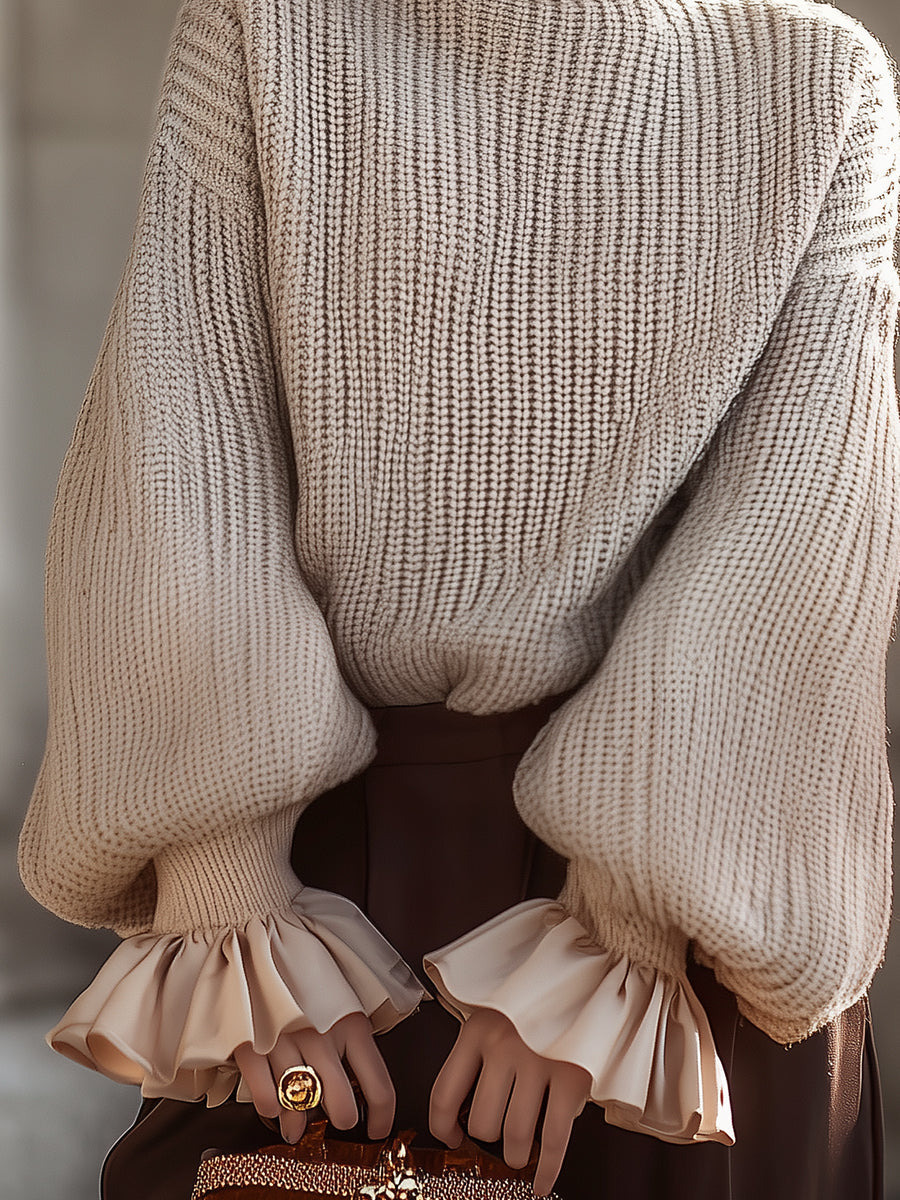 Léon Varel Cream Knit Turtleneck Sweater With Ruffled Cuffs