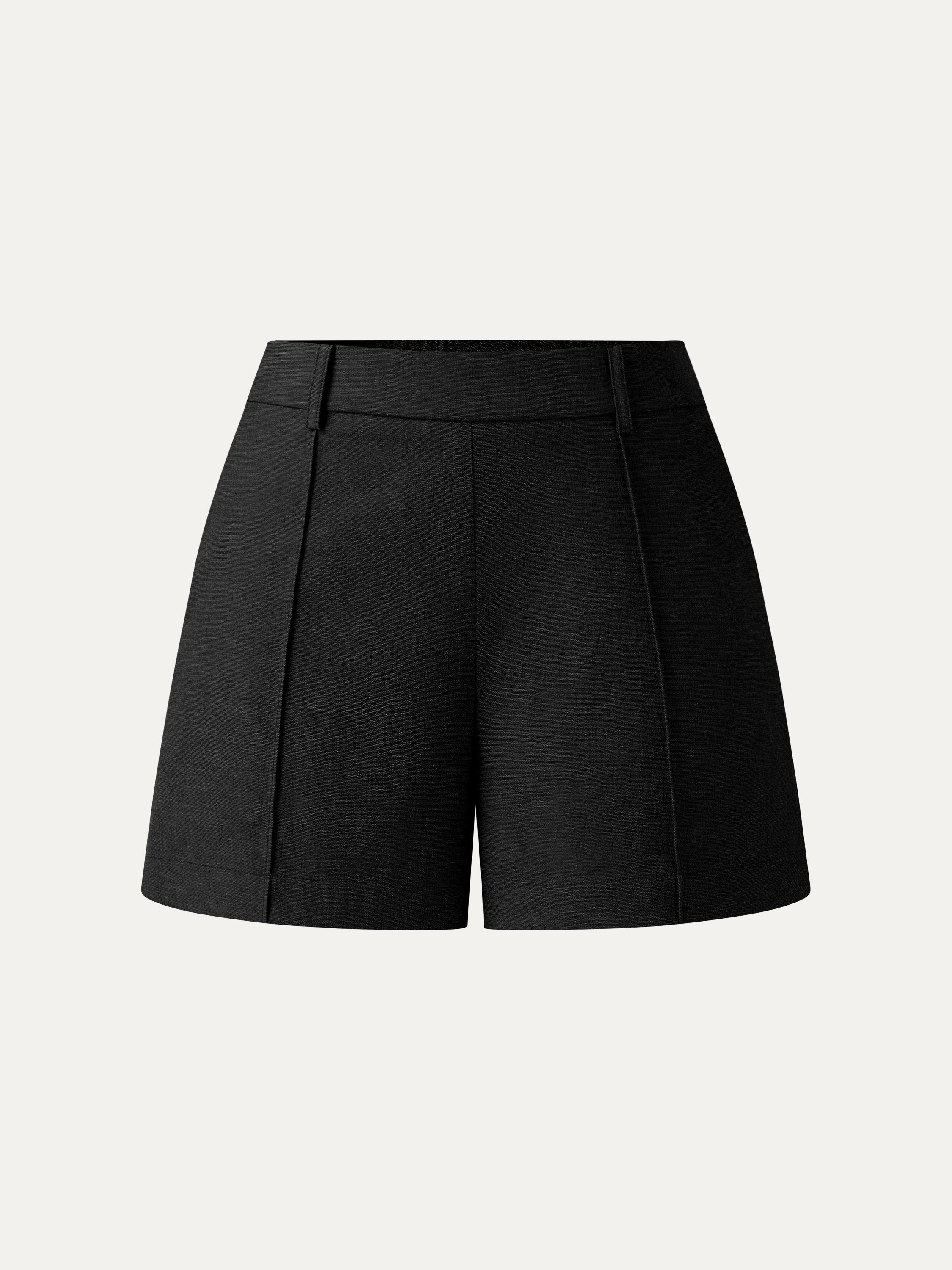 Linen-Like Mid Rise Pintuck Shorts with Pockets