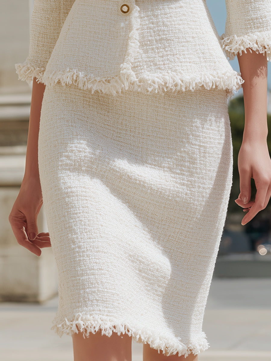 Léon Varel Ivory Fringed Tweed Jacket & Pencil Skirt Two-Piece Set