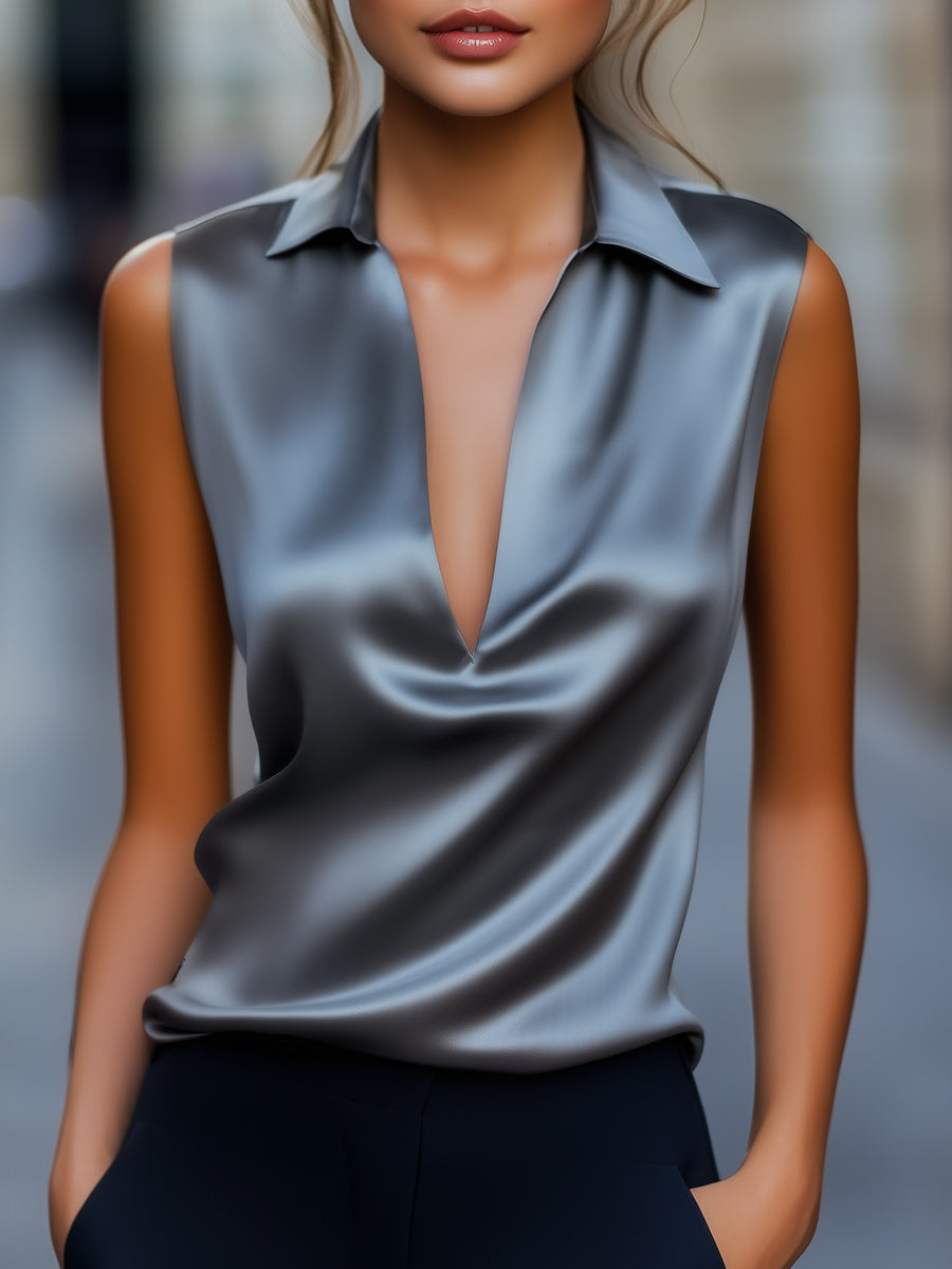 Léon Varel Sleek Gray Satin Plunge Neck Top