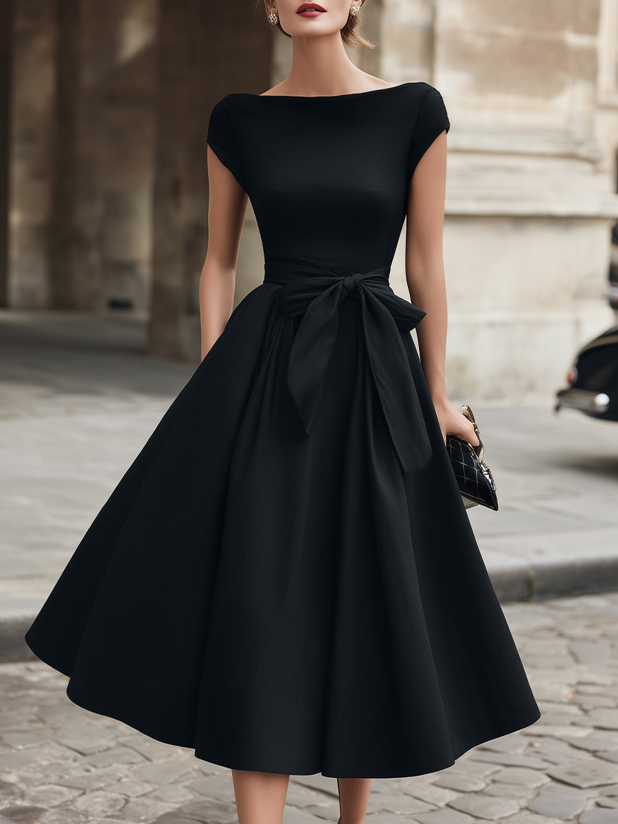 Léon Varel Cap-Sleeve Bow-Waist Midi Dress