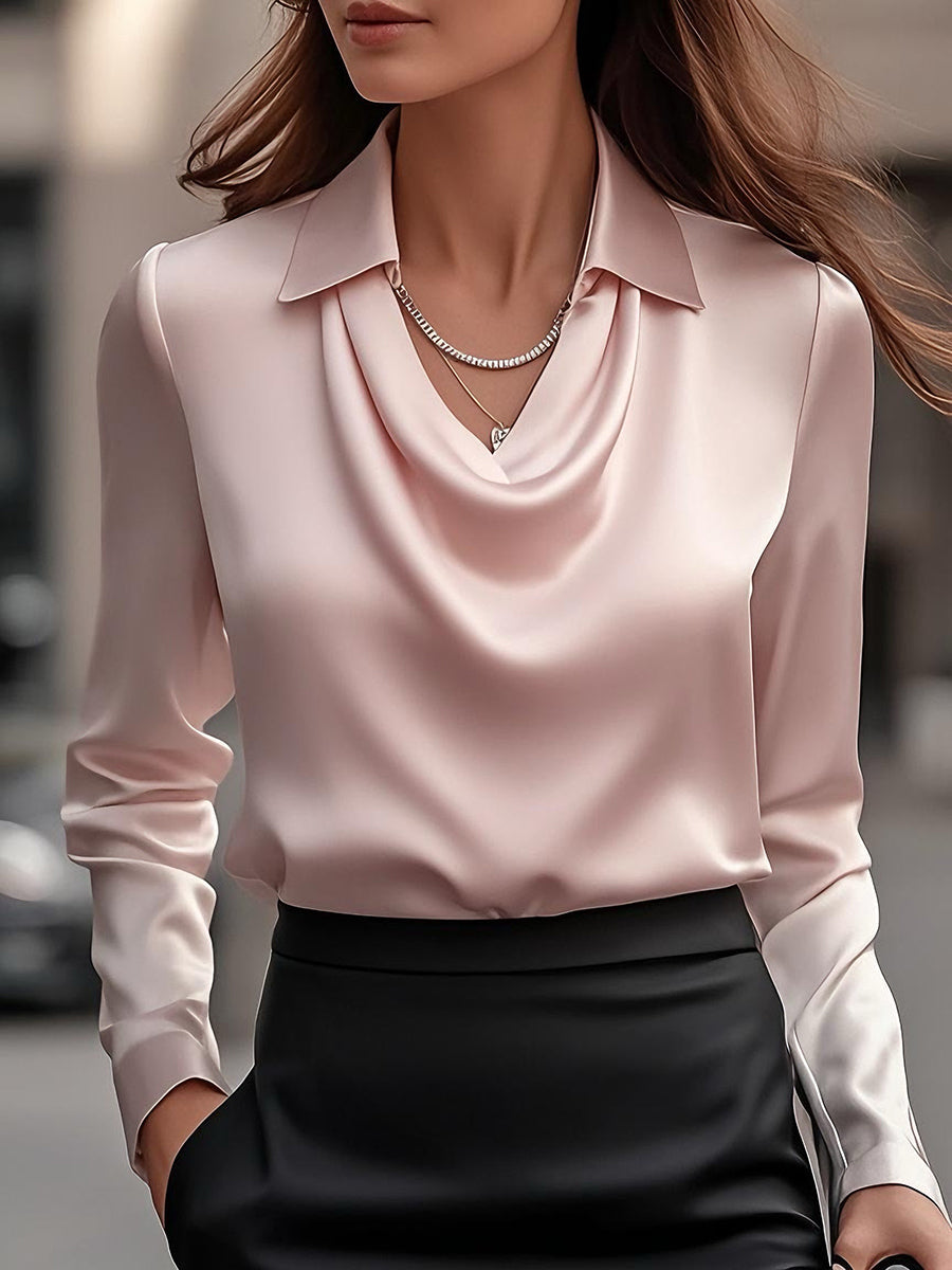 Léon Varel Elegant White Satin Blouse with Draped Neckline