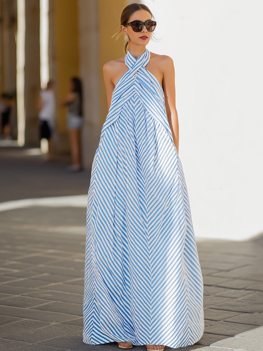 Léon Varel Nautical Stripe Halter Neck Maxi Dress