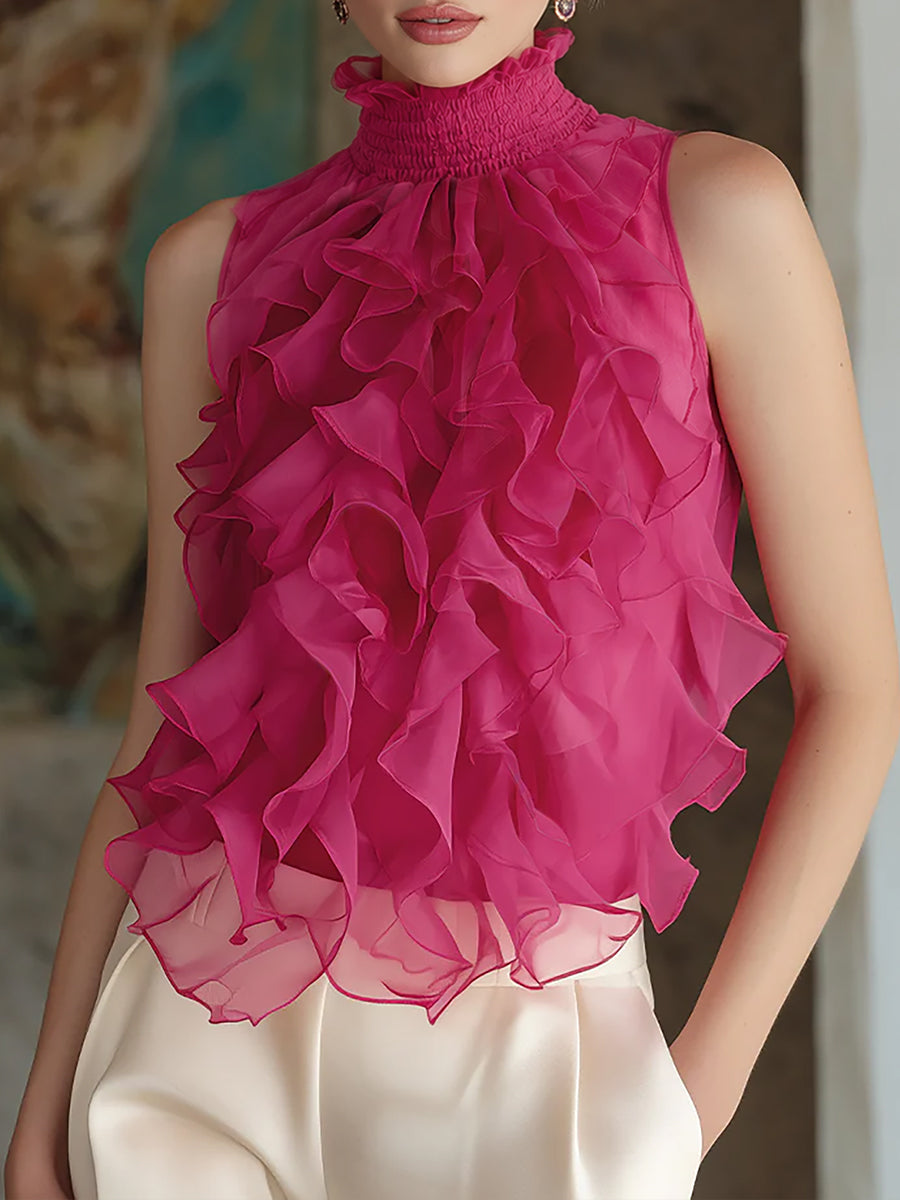Léon Varel Ruffled High-Neck Sleeveless Chiffon Blouse