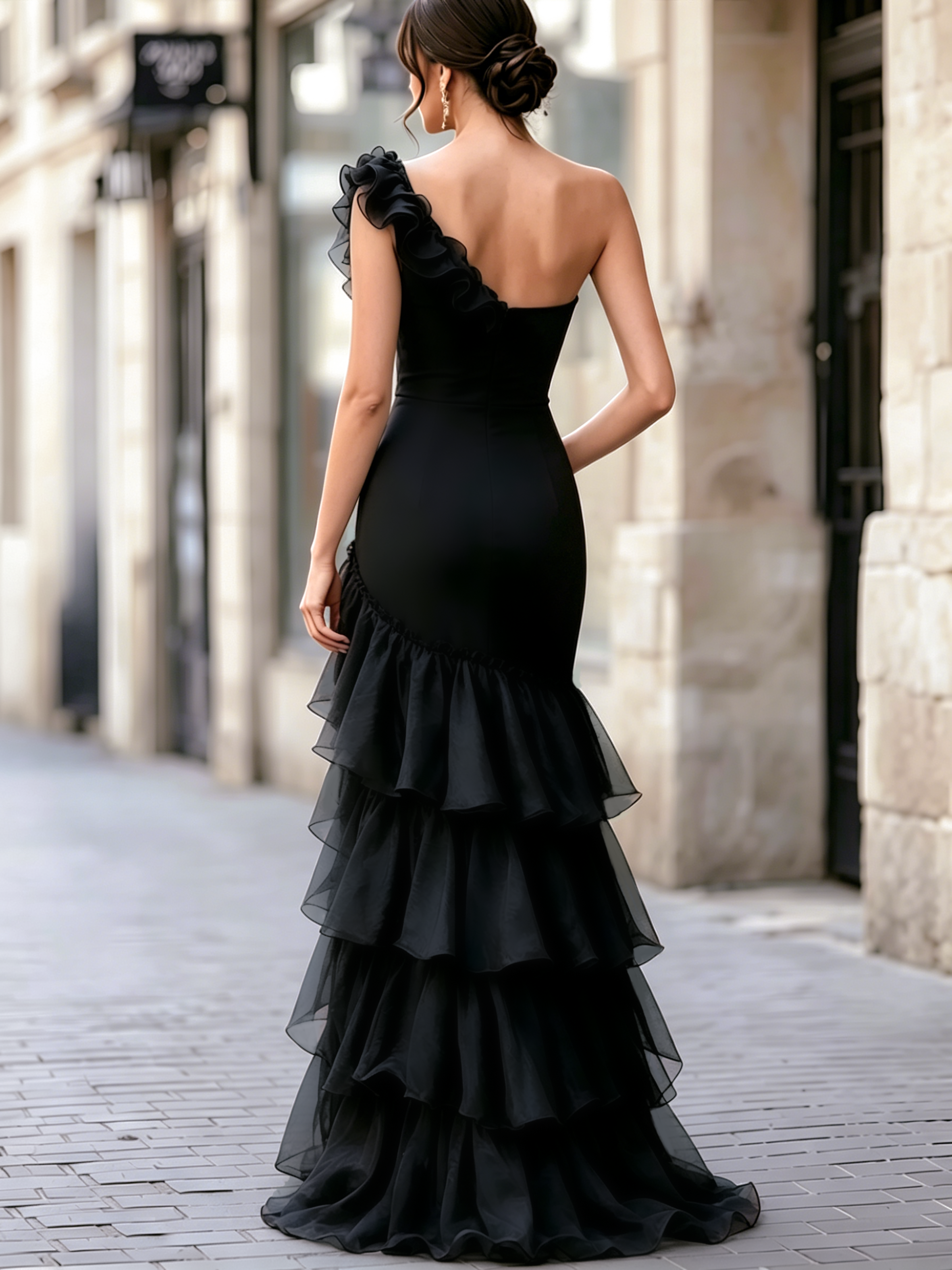 Léon Varel Black One-Shoulder Ruffled Evening Gown With Front Slit