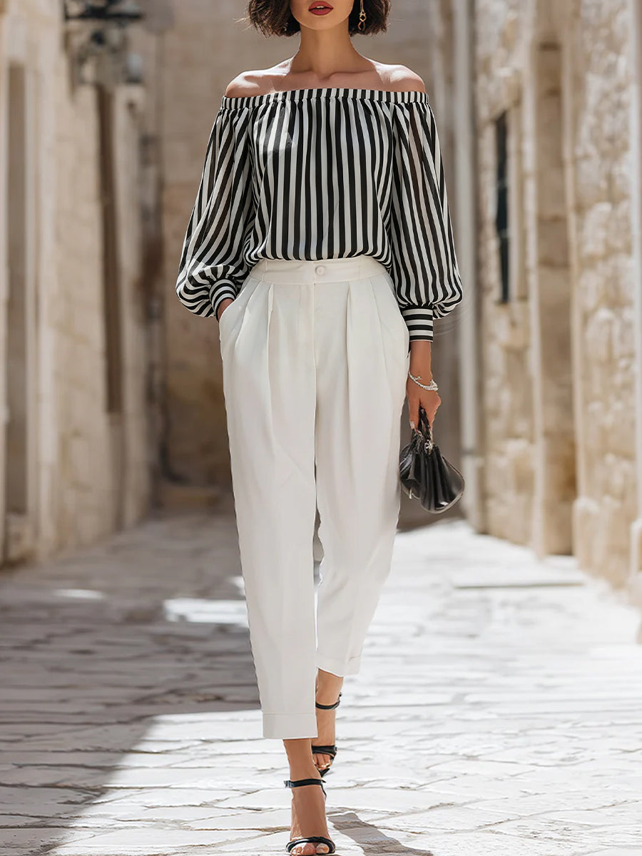 Léon Varel Chic Off-the-Shoulder Striped Blouse & High-Waisted Tailored Trousers Set