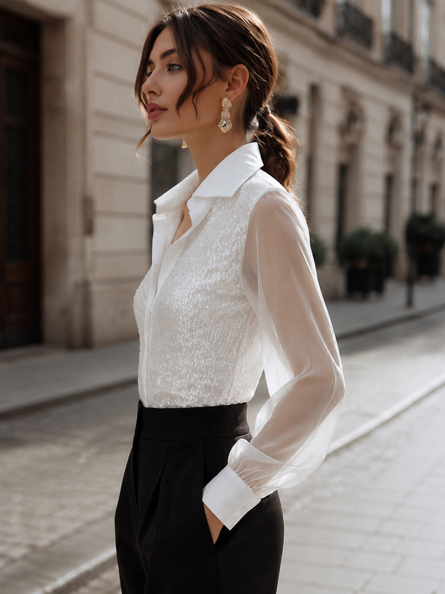 Léon Varel Sequin Embellished Sheer Sleeve Button-Front Blouse