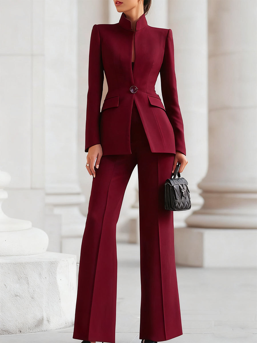 Léon Varel Sophisticated High-Collar Blazer & Wide-Leg Trousers Set