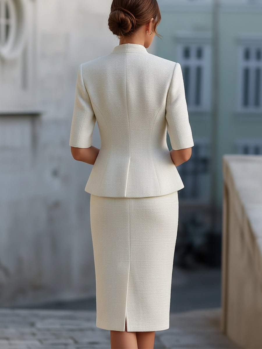 Léon Varel White Tweed Stand Collar Peplum Blazer & Midi Pencil Skirt Two-Piece Suit