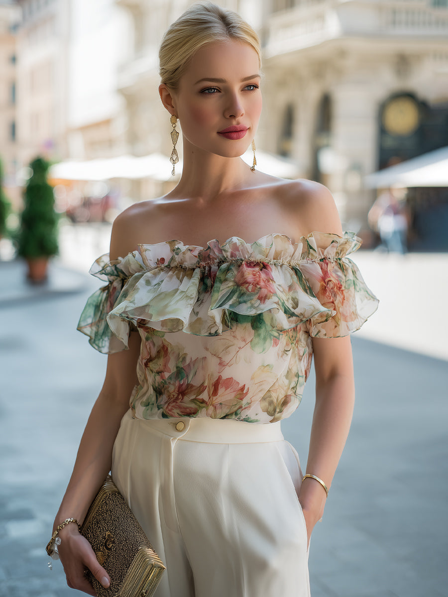 Léon Varel Off-Shoulder Ruffle Floral Chiffon Blouse