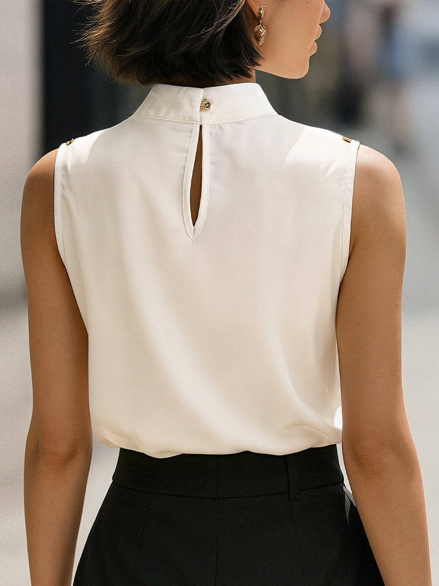 Léon Varel Elegant Ivory High-Neck Sleeveless Satin Blouse