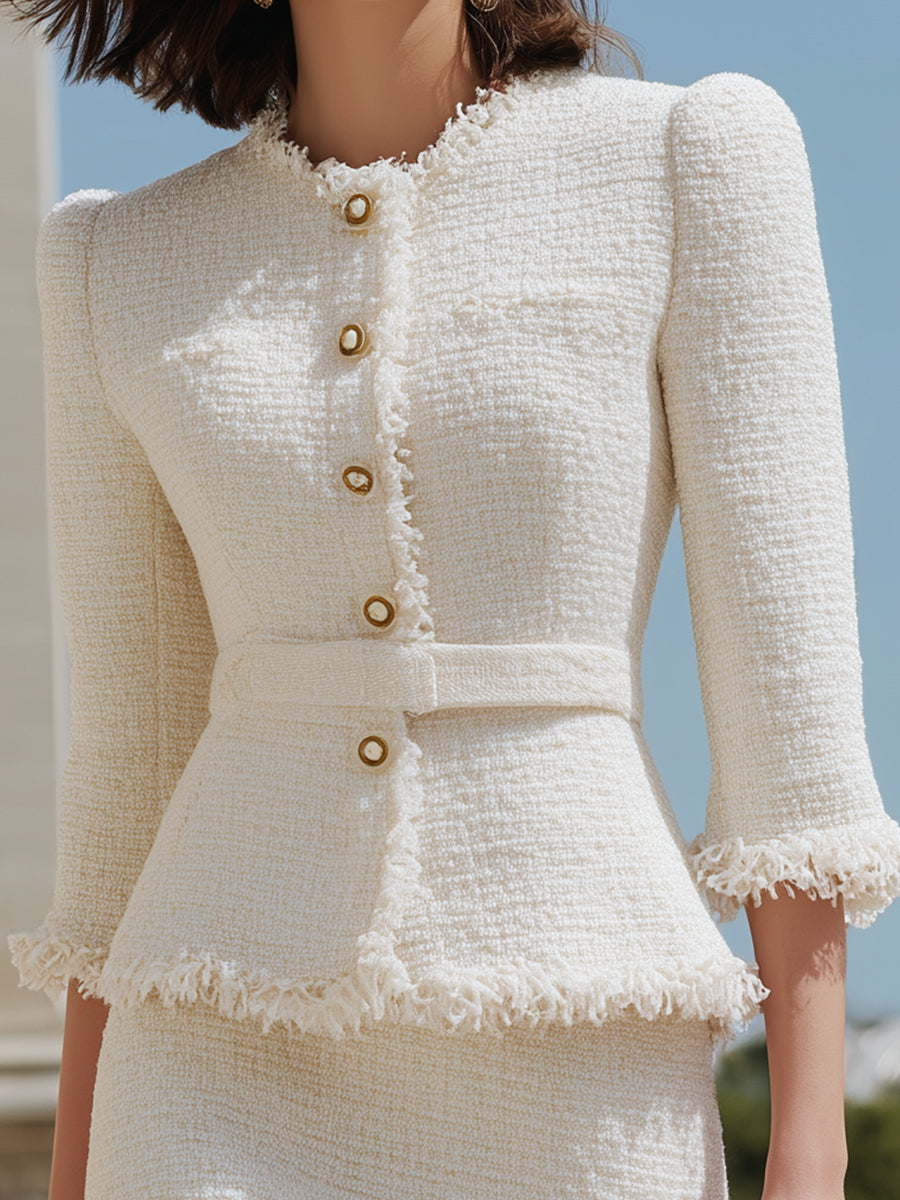 Léon Varel Ivory Fringed Tweed Jacket & Pencil Skirt Two-Piece Set