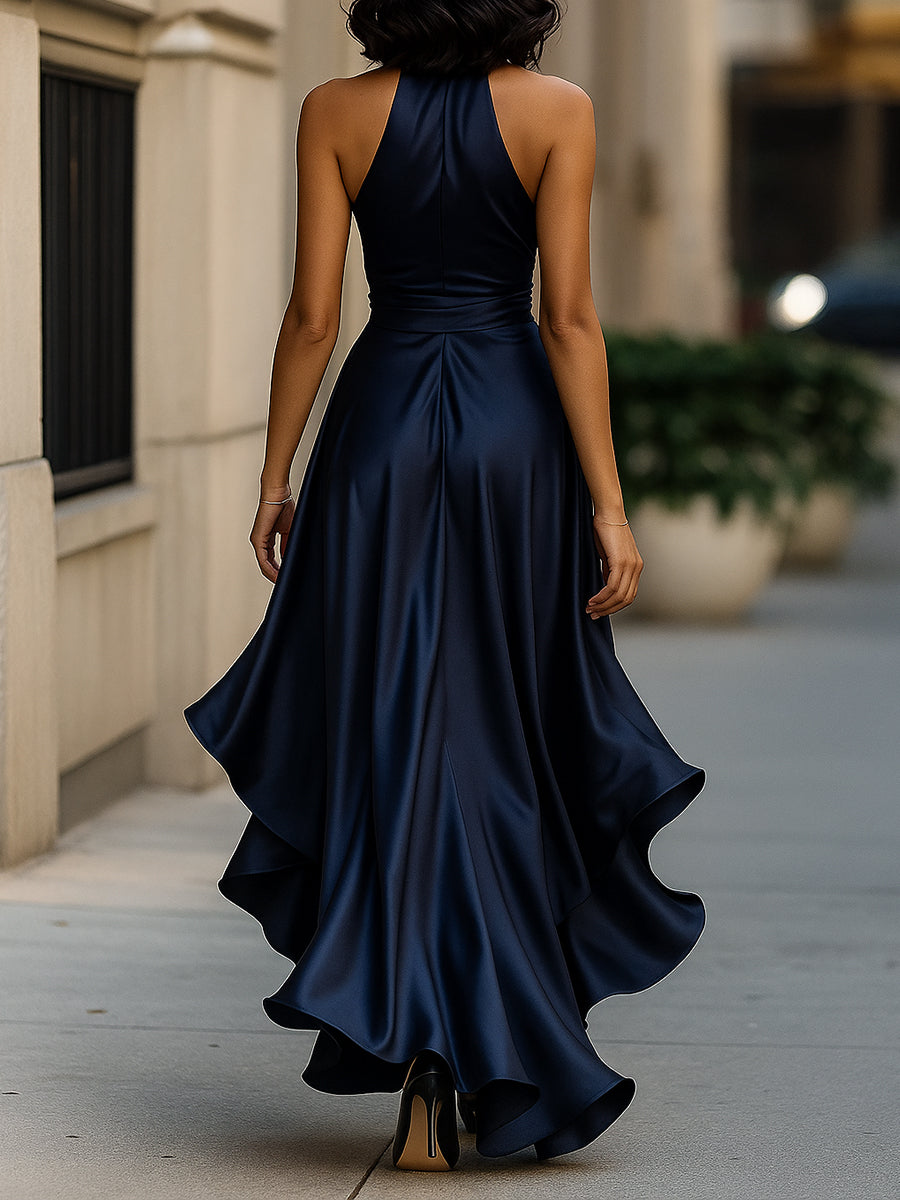 Léon Varel Midnight Elegance Satin Halter Ruffle Gown