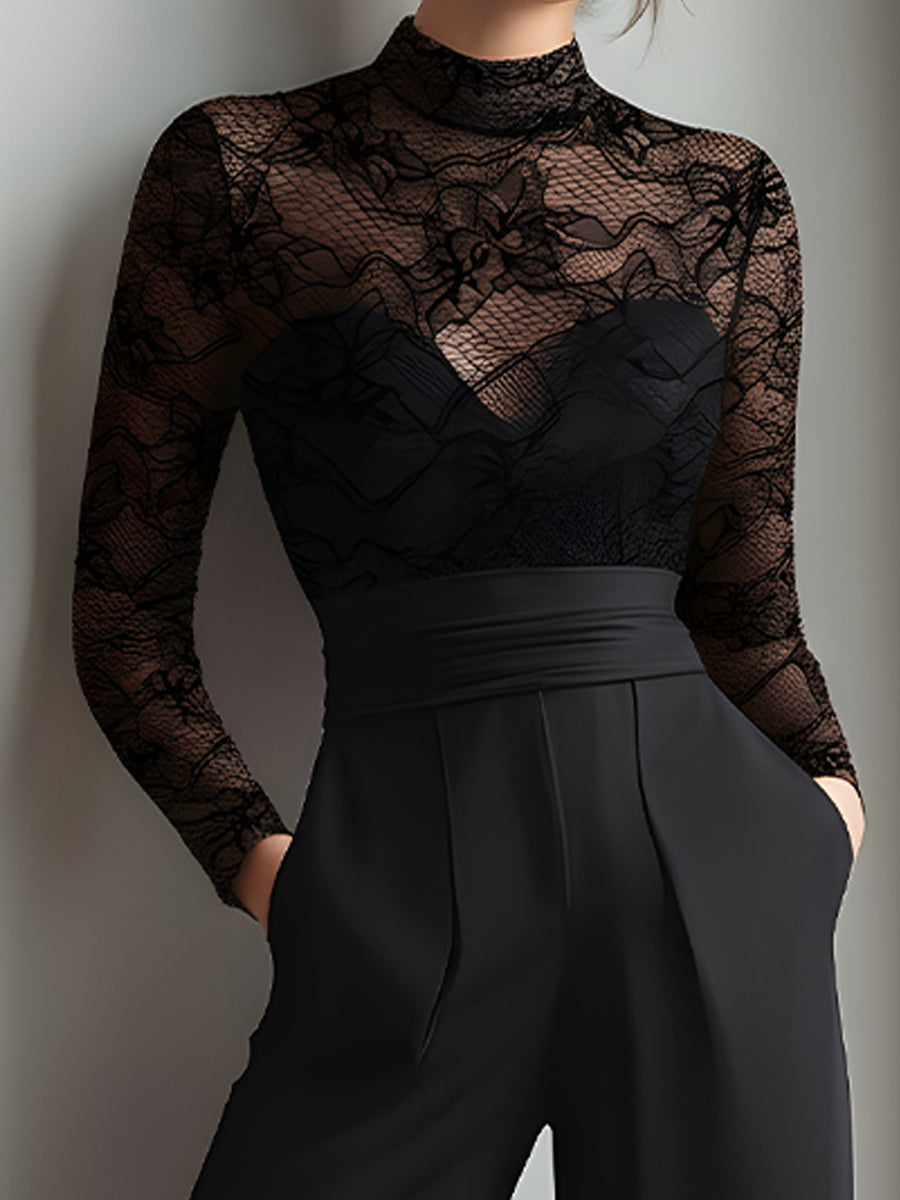 Léon Varel Black Lace Illusion Bodice Wide-Leg Evening Jumpsuit