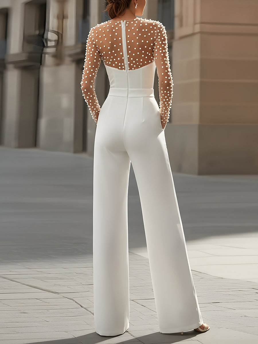 Léon Varel Pearl-Embellished Sheer Bodice White Jumpsuit