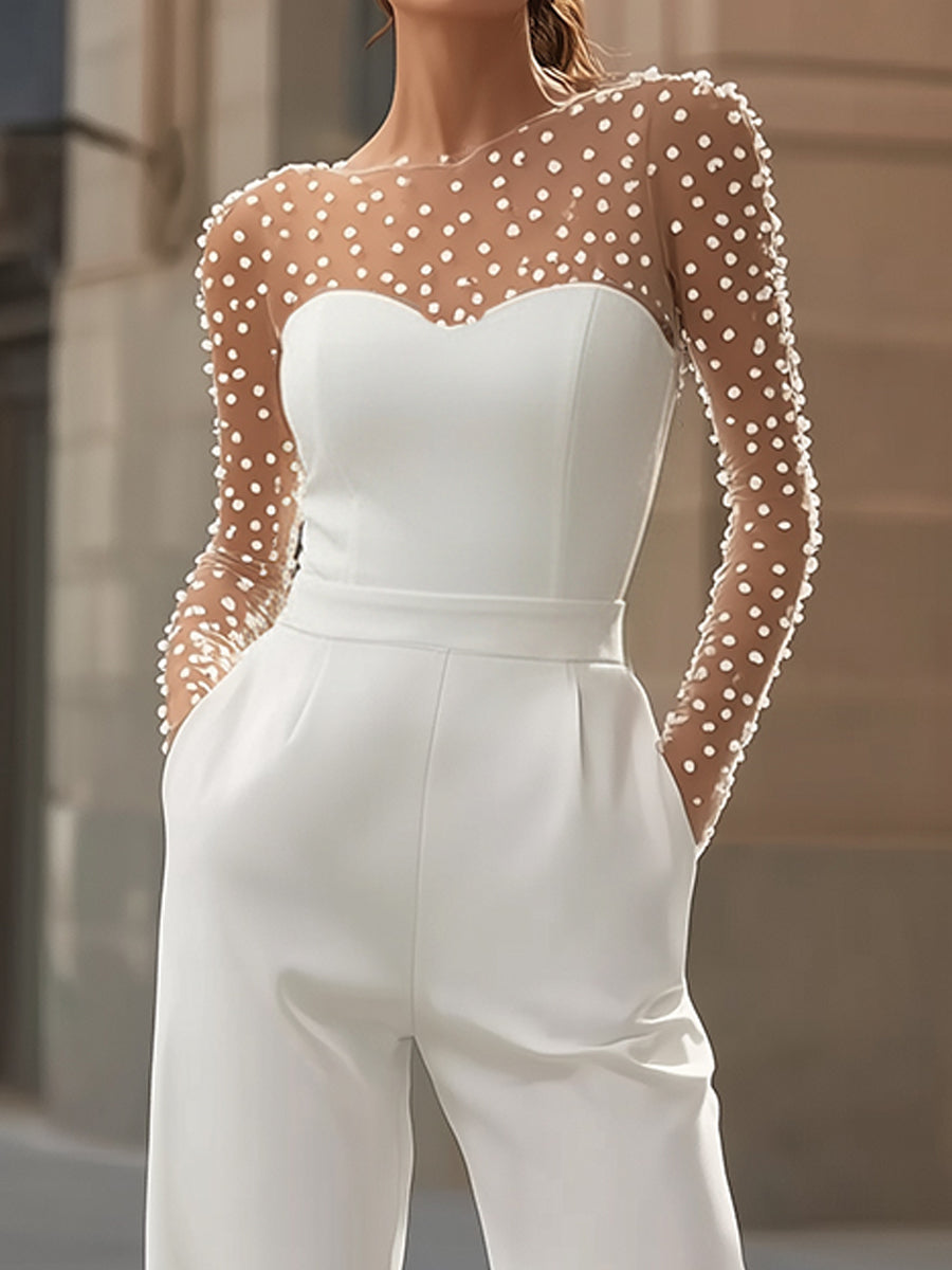 Léon Varel Pearl-Embellished Sheer Bodice White Jumpsuit