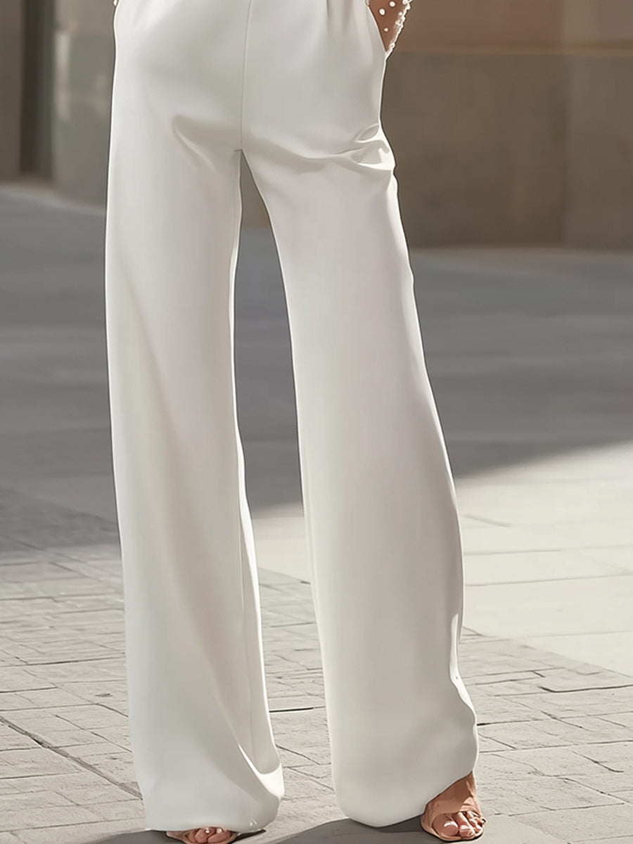 Léon Varel Pearl-Embellished Sheer Bodice White Jumpsuit