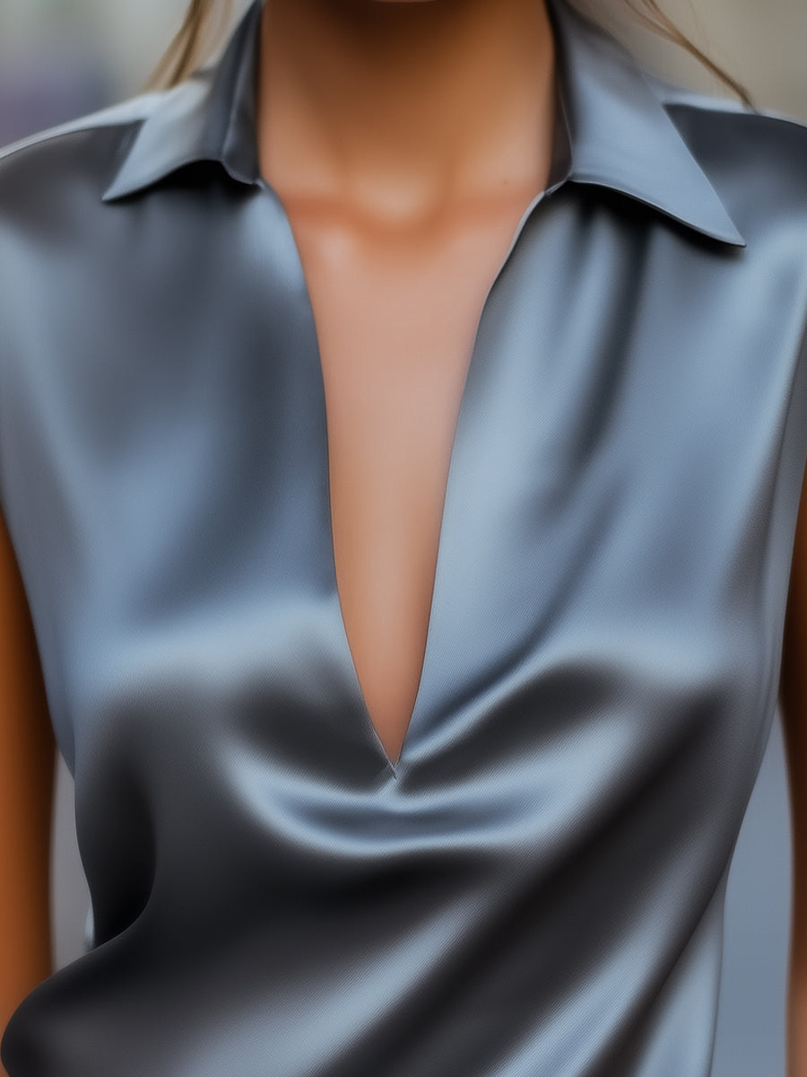 Léon Varel Sleek Gray Satin Plunge Neck Top
