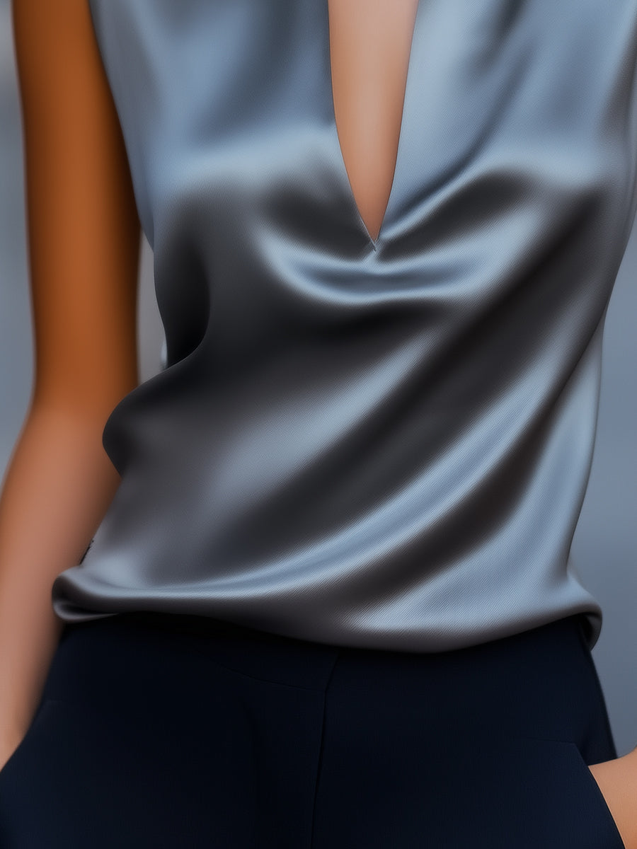 Léon Varel Sleek Gray Satin Plunge Neck Top