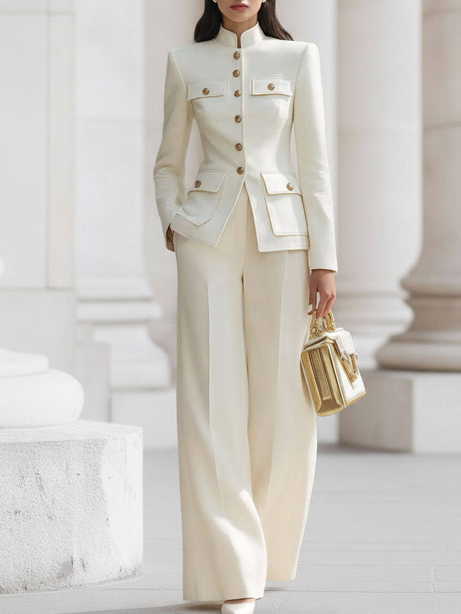 Léon Varel Elegant Cream Military-Inspired Tailored Suit Set With Gold Accents