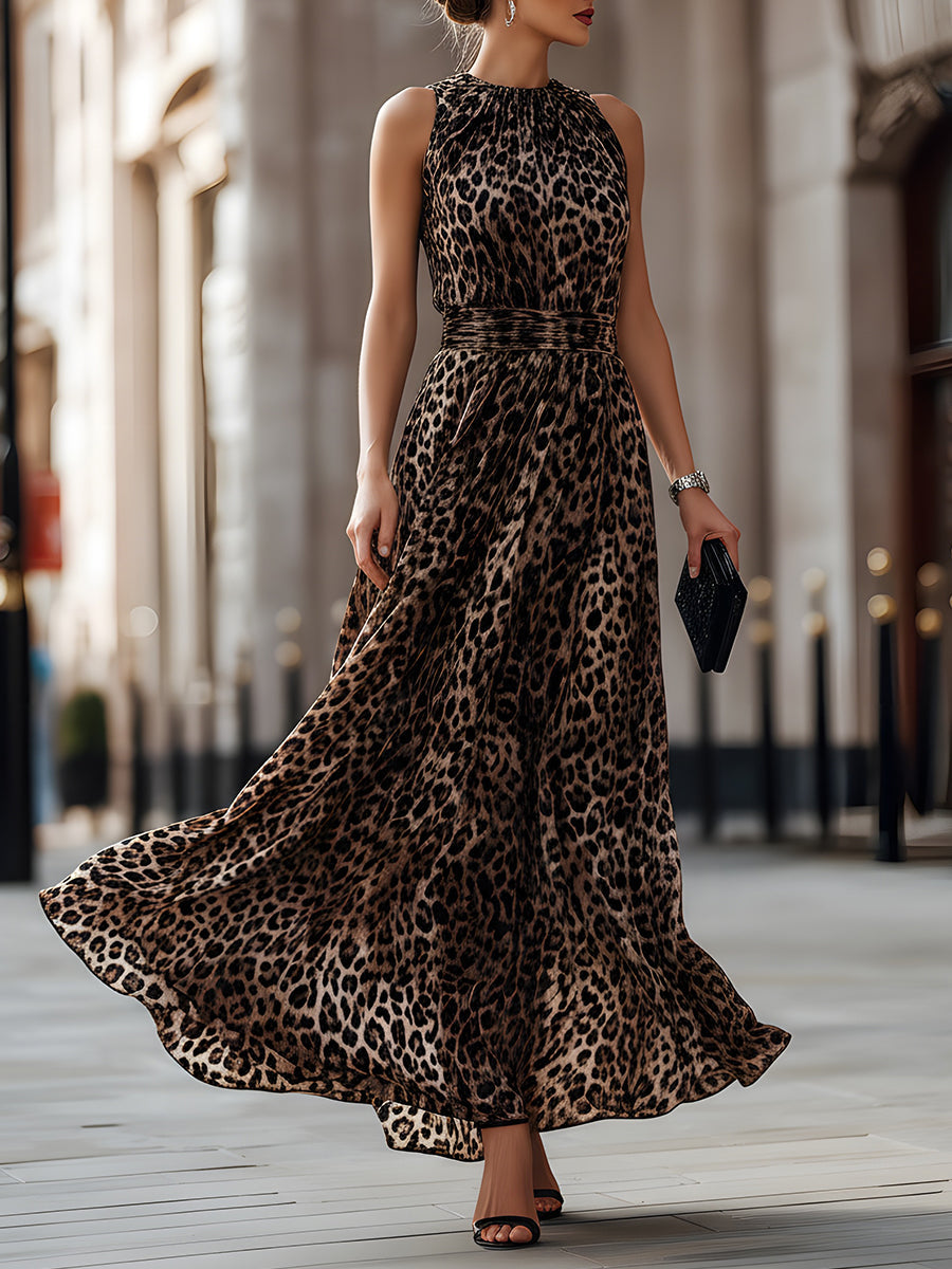 Léon Varel Sleeveless Leopard Print Flowing Maxi Dress
