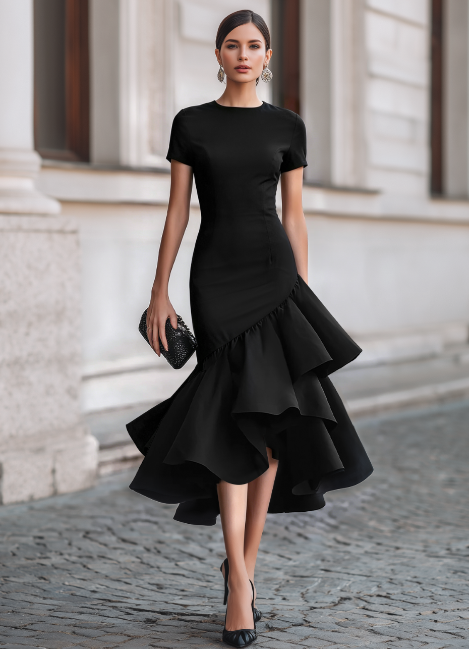 Léon Varel Asymmetrical Ruffle Hem Tailored Midi Dress