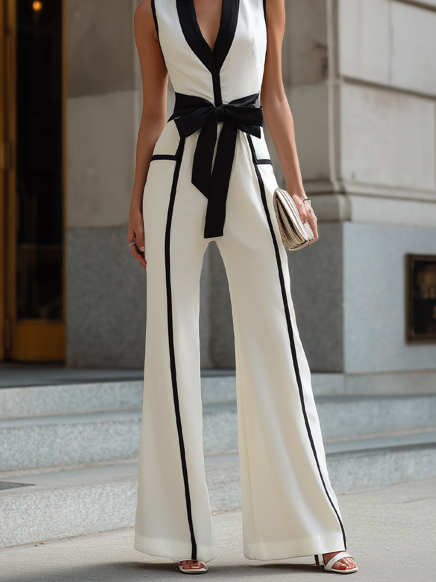 Léon Varel Contrast Trim Belted Wide-Leg Jumpsuit