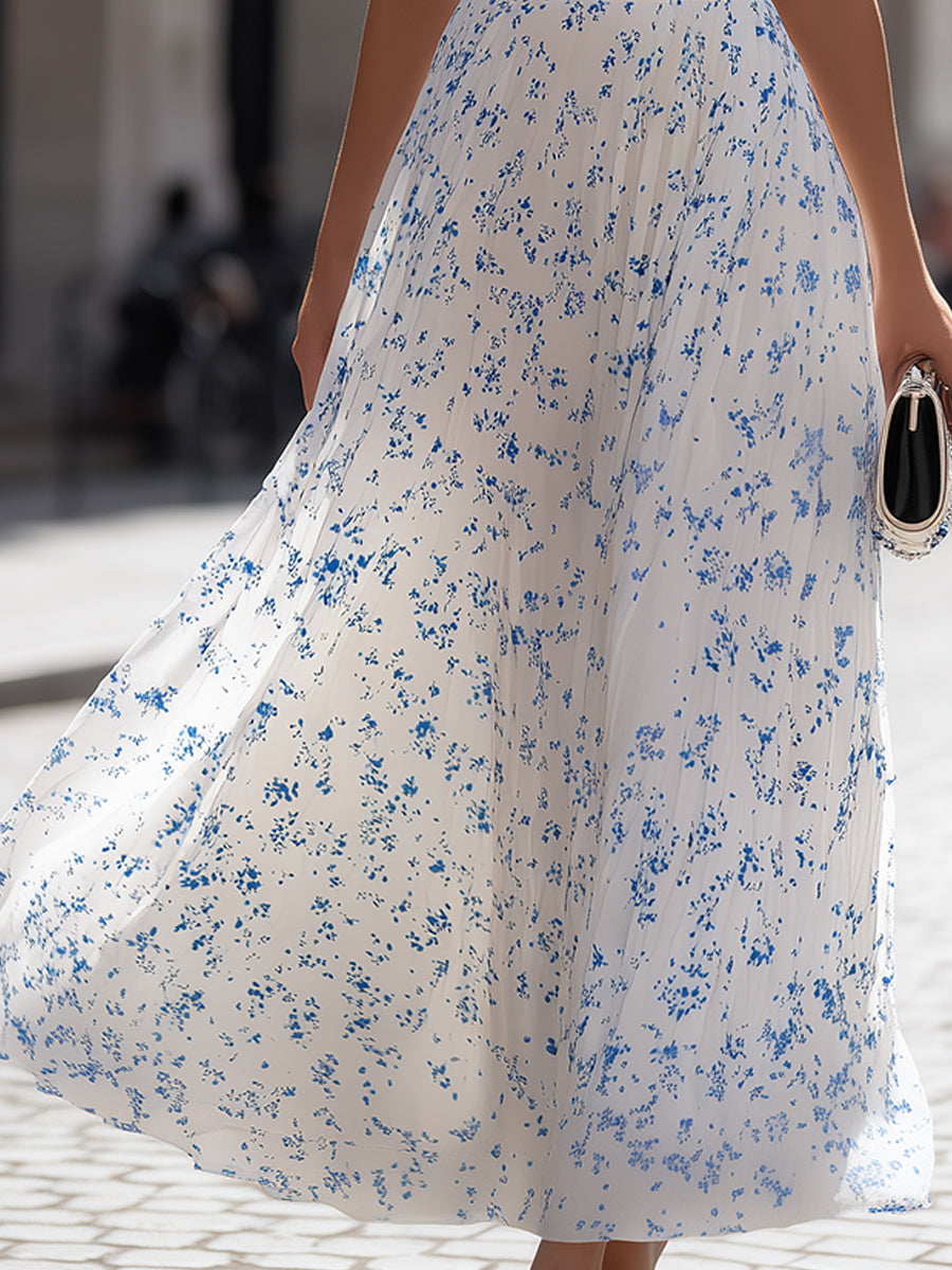 Léon Varel White & Blue Ditsy Floral Sleeveless Pleated Maxi Dress