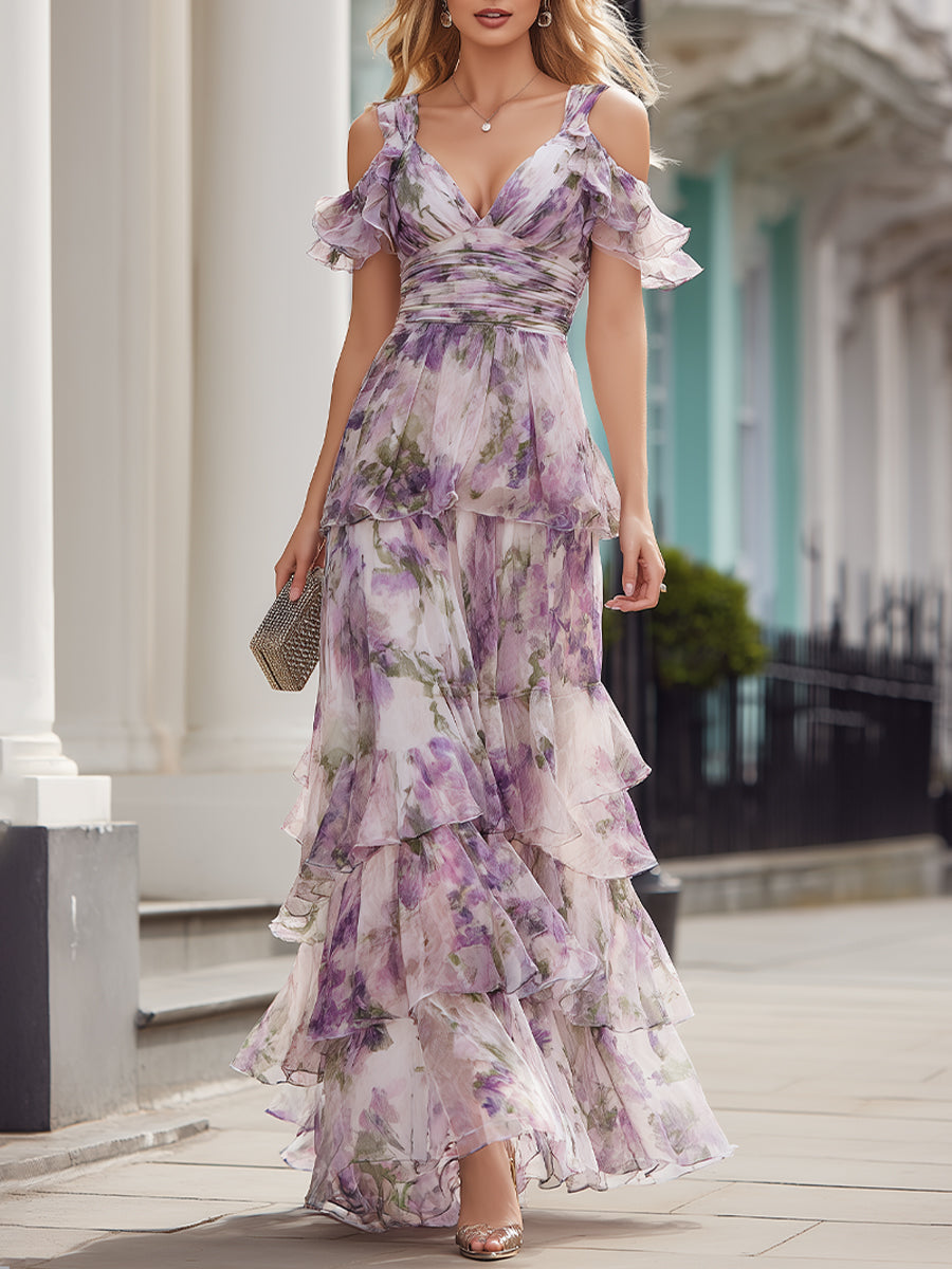 Léon Varel Cold Shoulder Floral Tiered Maxi Dress