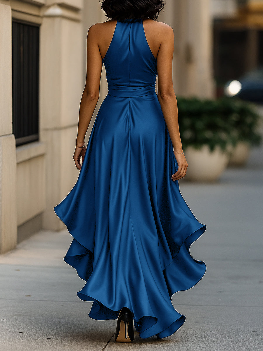 Léon Varel Midnight Elegance Satin Halter Ruffle Gown
