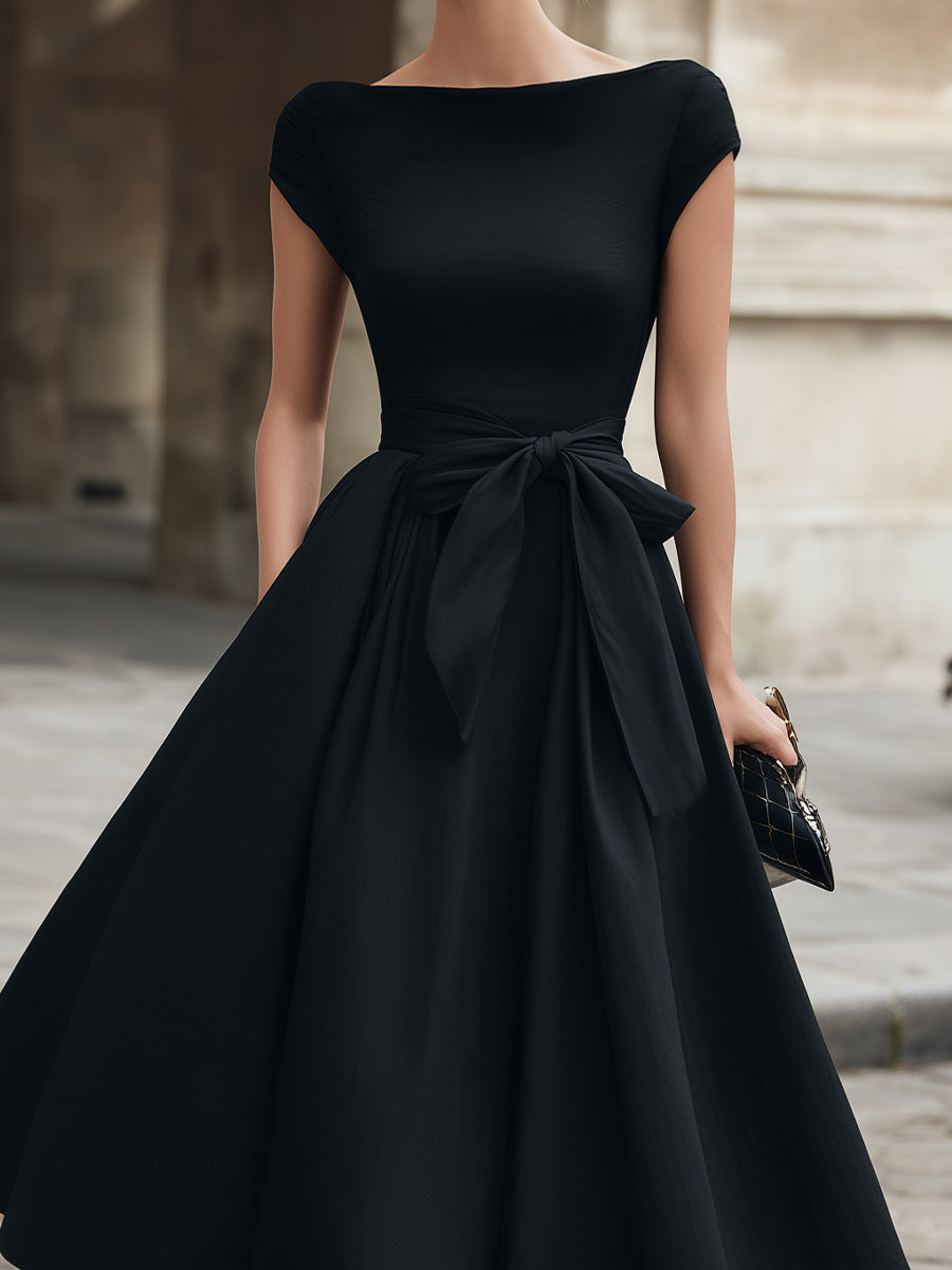 Léon Varel Cap-Sleeve Bow-Waist Midi Dress