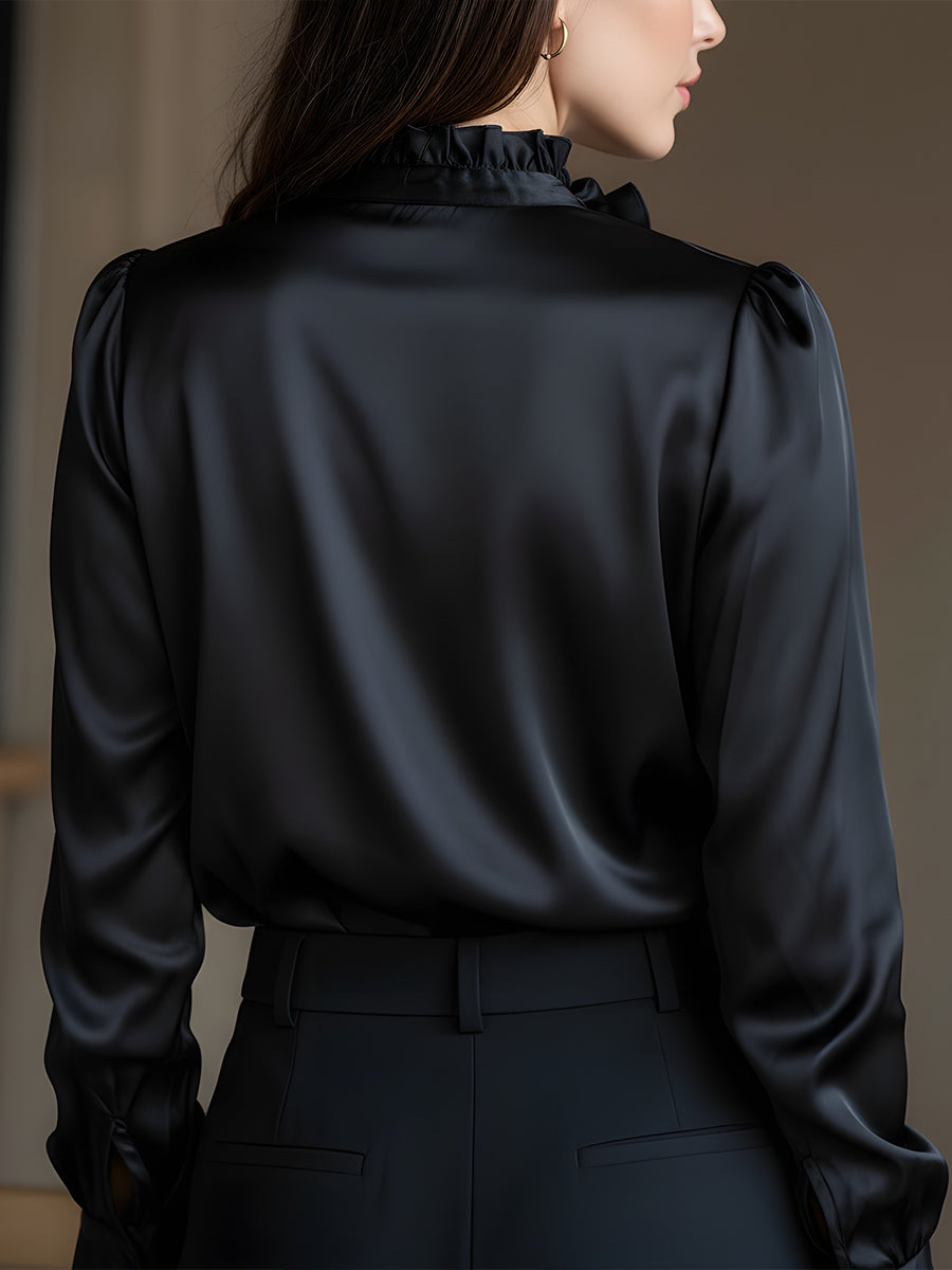 Léon Varel Black Satin Ruffled V-Neck Long Sleeve Blouse