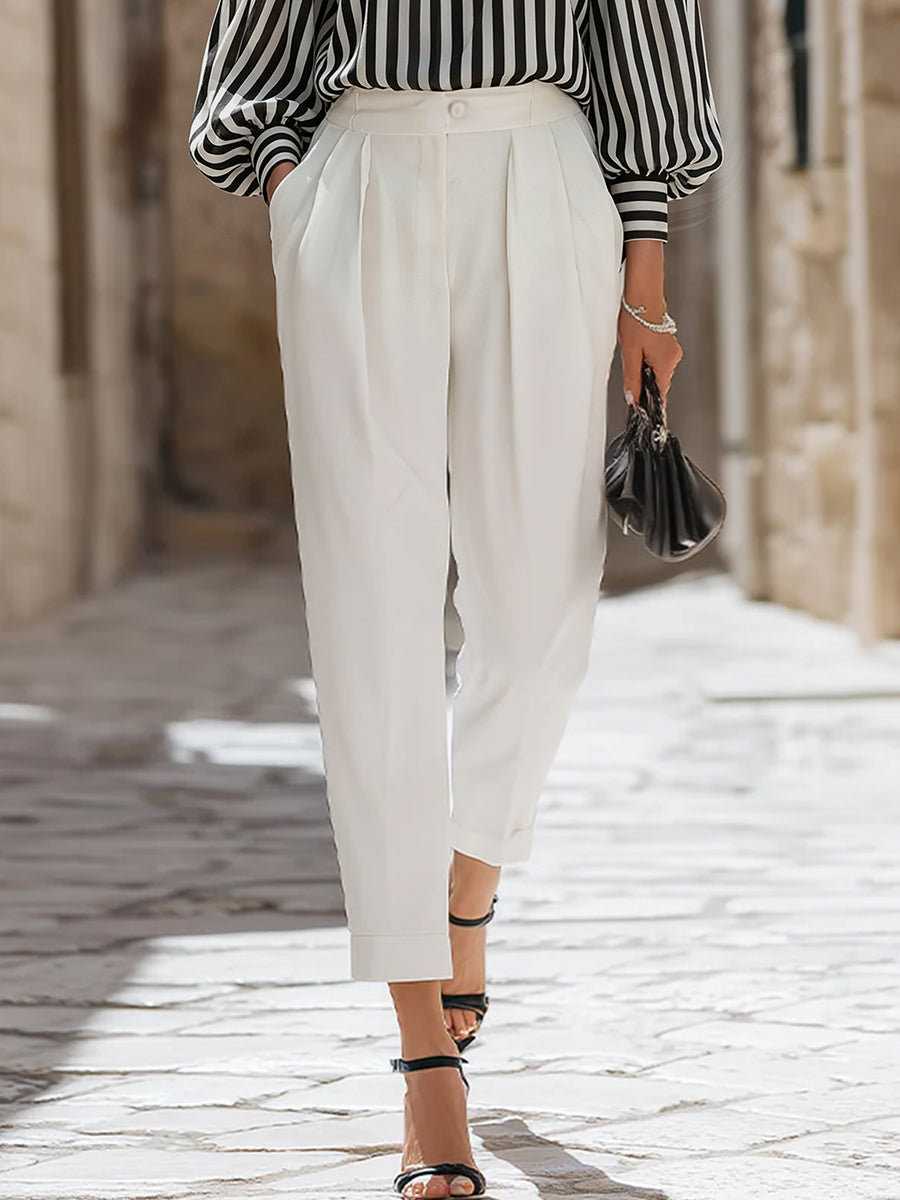 Léon Varel Chic Off-the-Shoulder Striped Blouse & High-Waisted Tailored Trousers Set