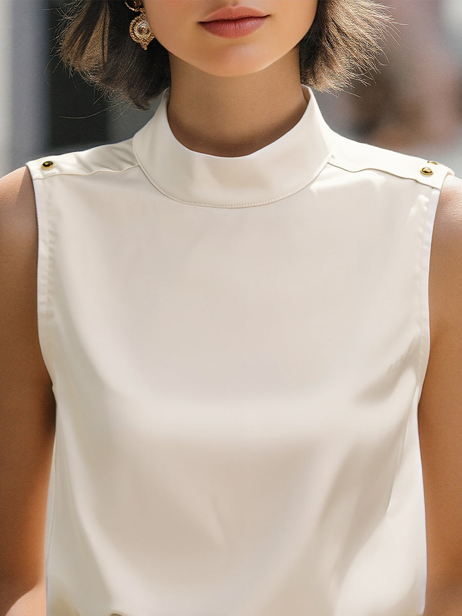Léon Varel Elegant Ivory High-Neck Sleeveless Satin Blouse