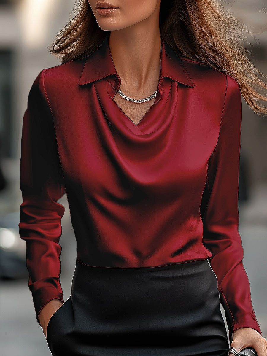 Léon Varel Elegant White Satin Blouse with Draped Neckline