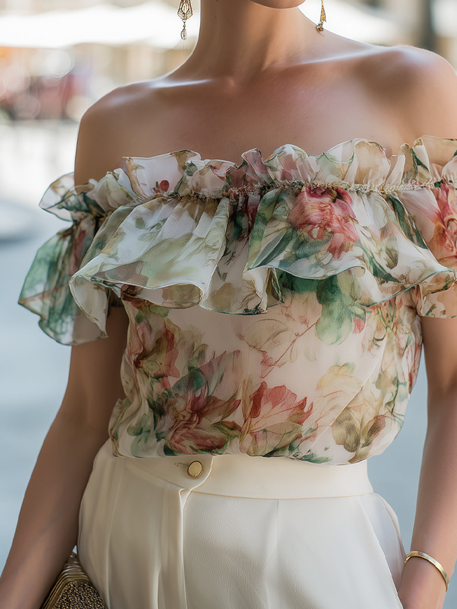 Léon Varel Off-Shoulder Ruffle Floral Chiffon Blouse