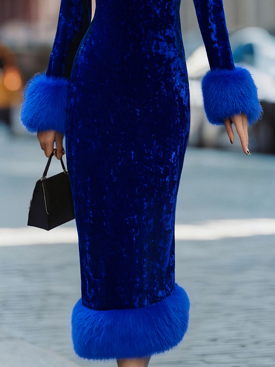 Léon Varel Glamorous Royal Blue Velvet Dress With Feather Trims