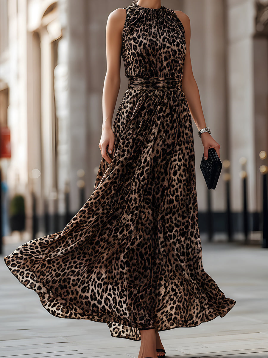 Léon Varel Sleeveless Leopard Print Flowing Maxi Dress