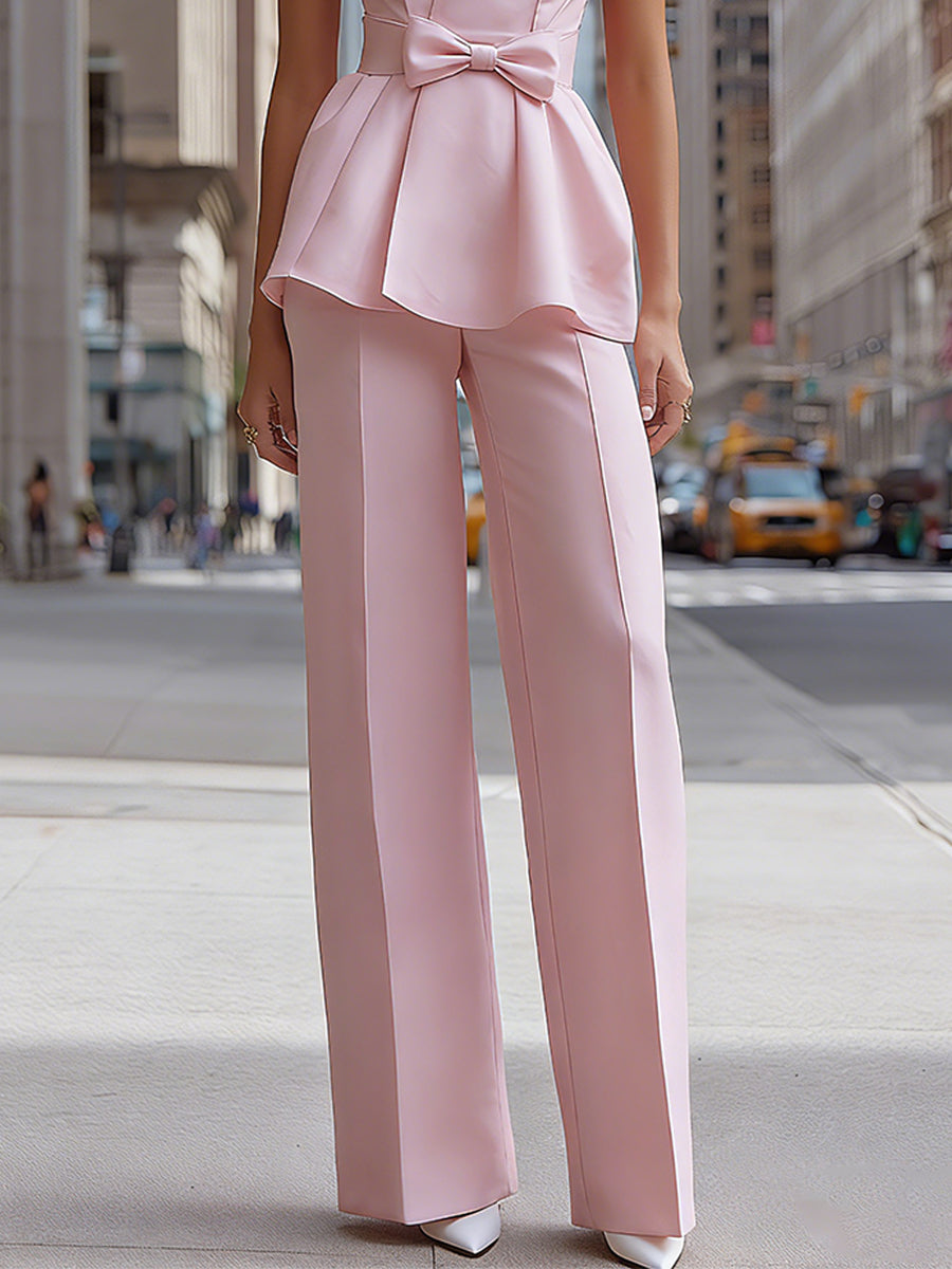 Léon Varel Strapless Peplum Bow Top And Tailored Wide-Leg Pants Set