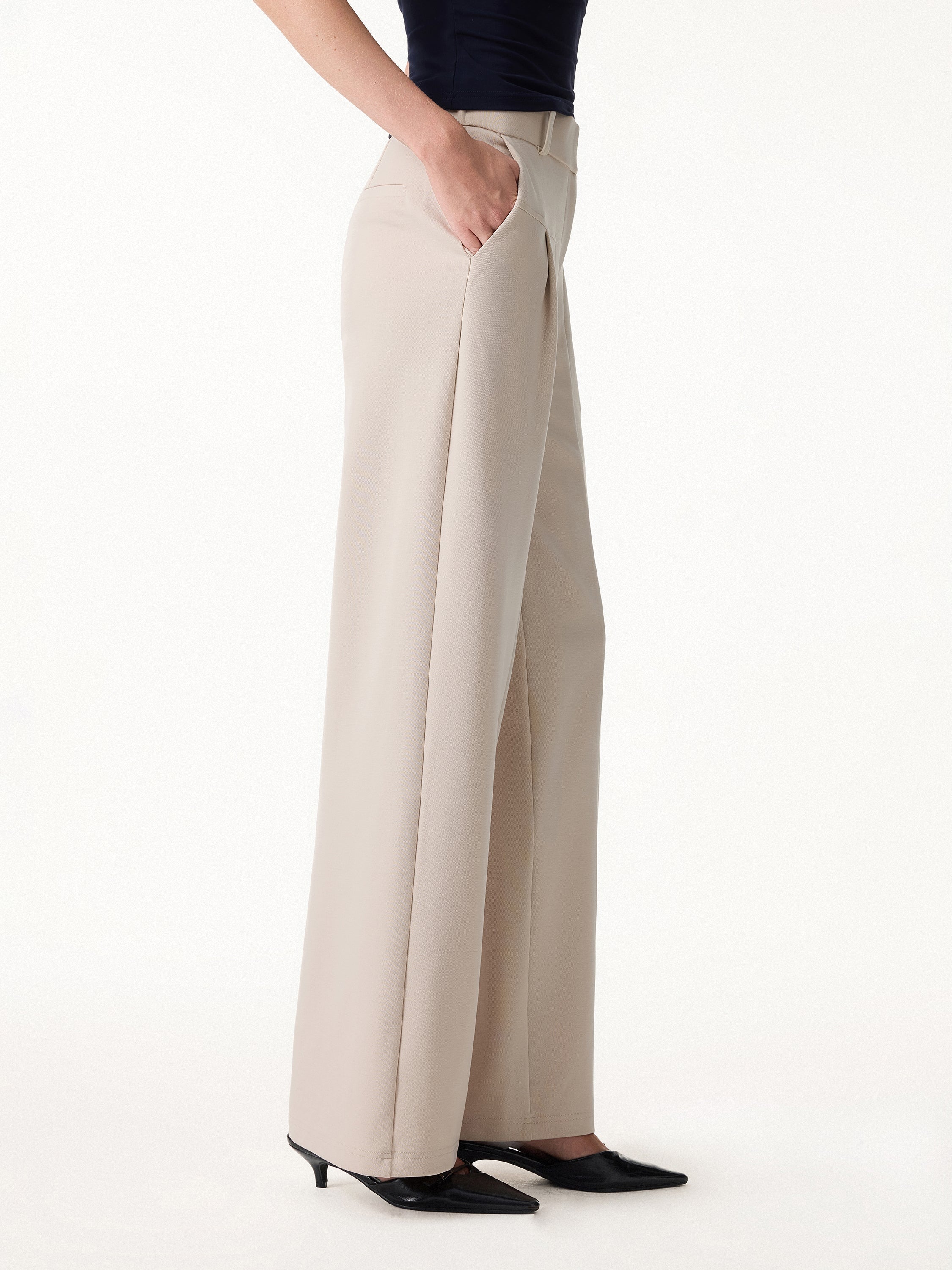 Stretch Cotton Mid Rise Wide Leg Trouser