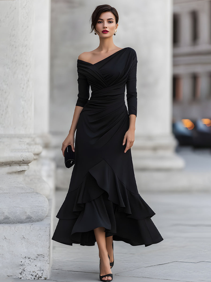 Léon Varel One-Shoulder Ruched Asymmetric Ruffle Hem Maxi Dress