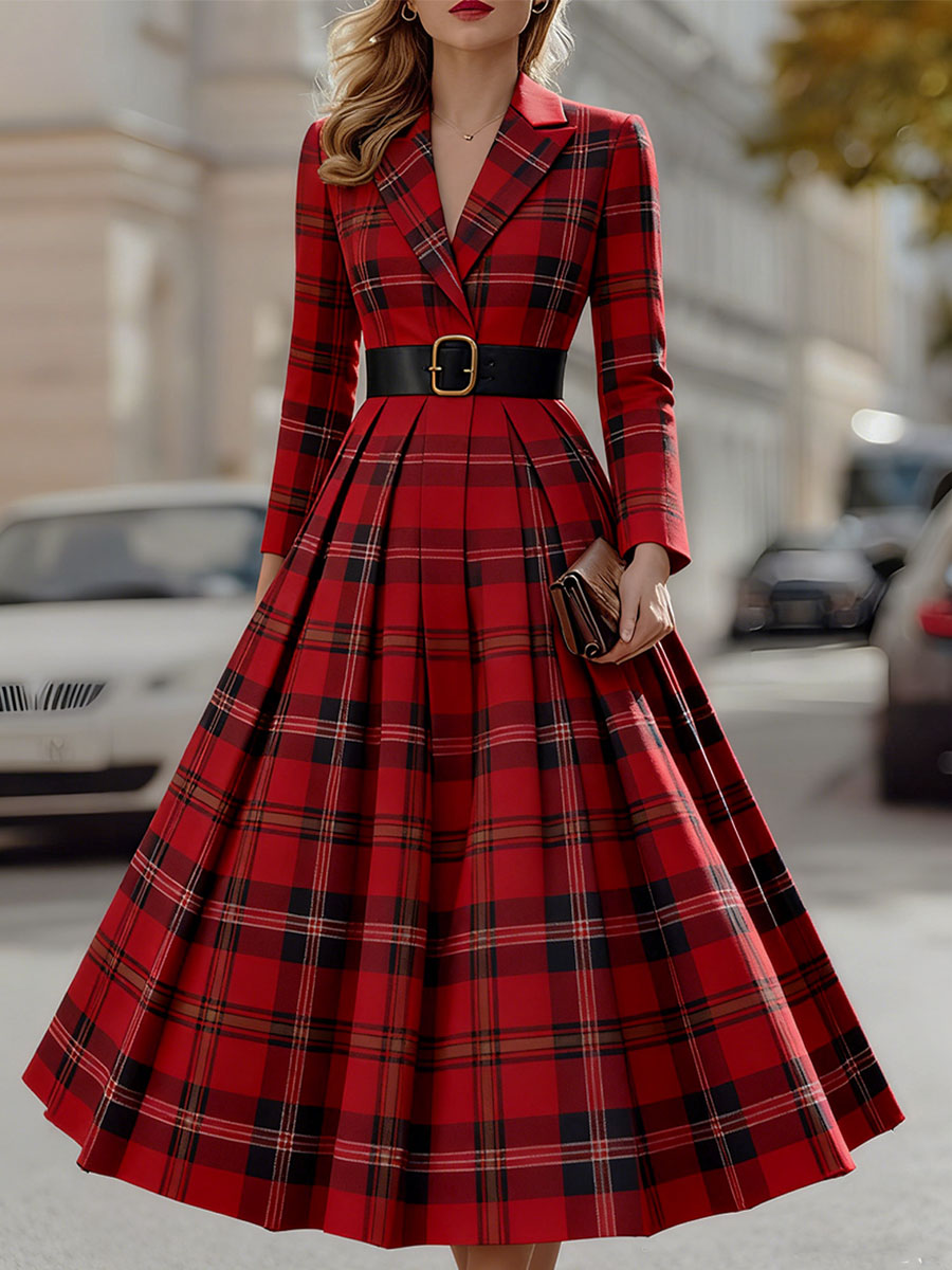 Léon Varel Mooyius Statement Red Plaid Trench Dress With Gold Buckle Belt