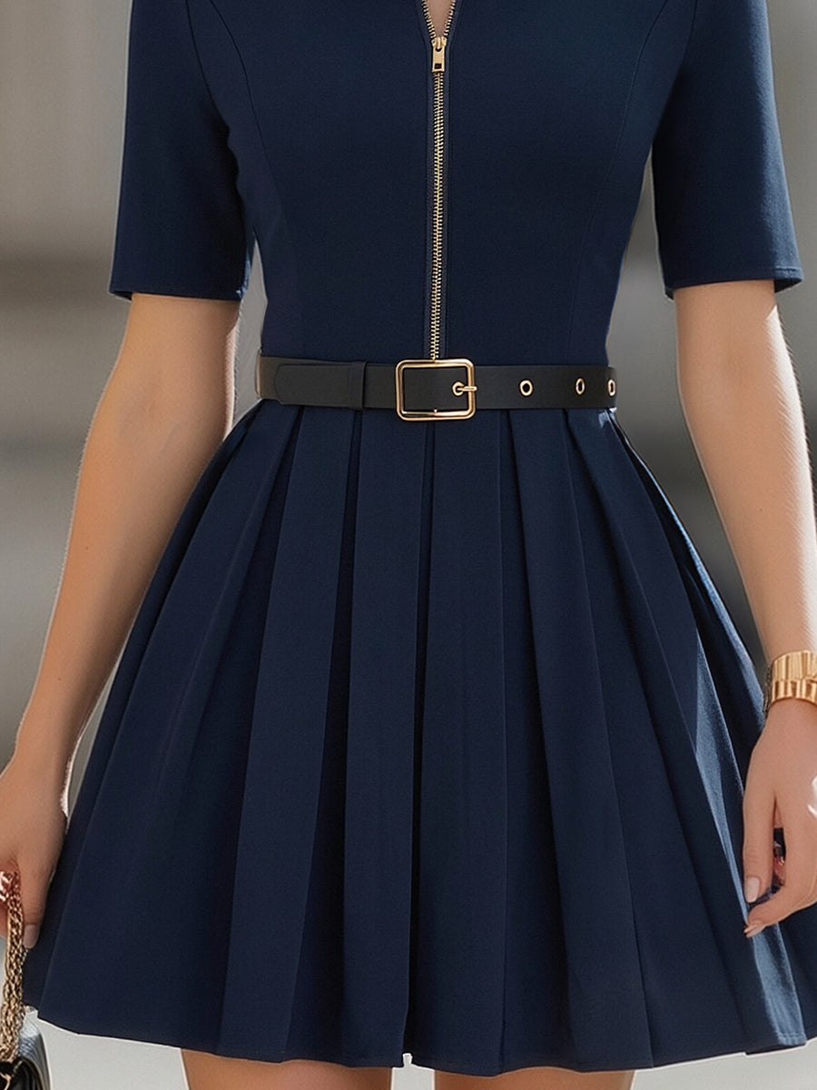 Léon Varel Navy Collared Zip-Front Pleated Mini Dress