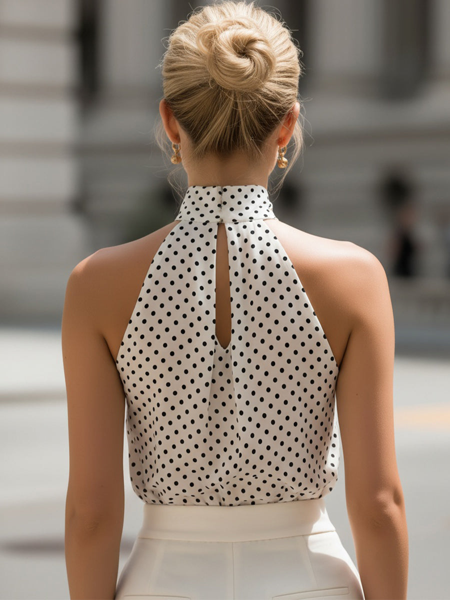 Léon Varel White & Black Polka Dot Halter Neck Keyhole Chiffon Top