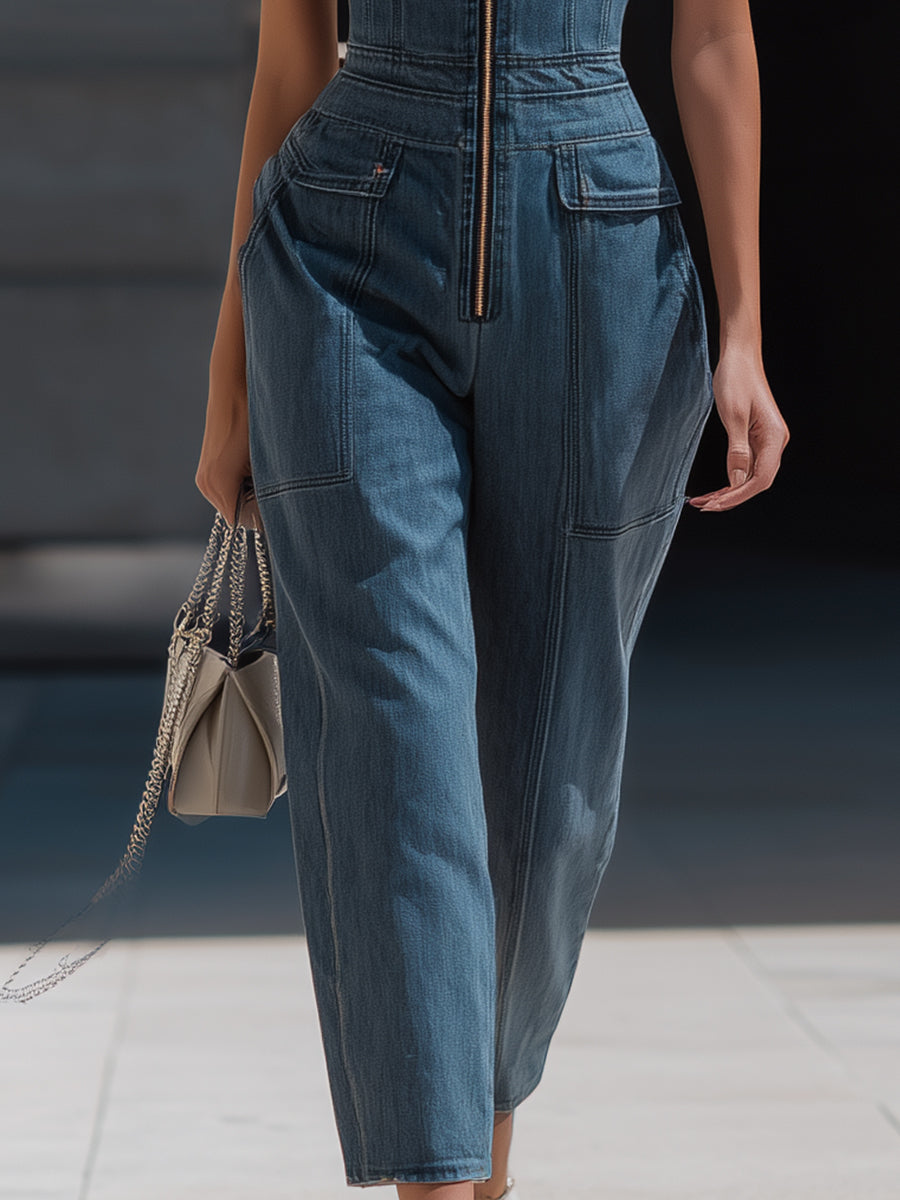 Léon Varel Denim Halter Neck Zip-Front Cropped-Leg Jumpsuit