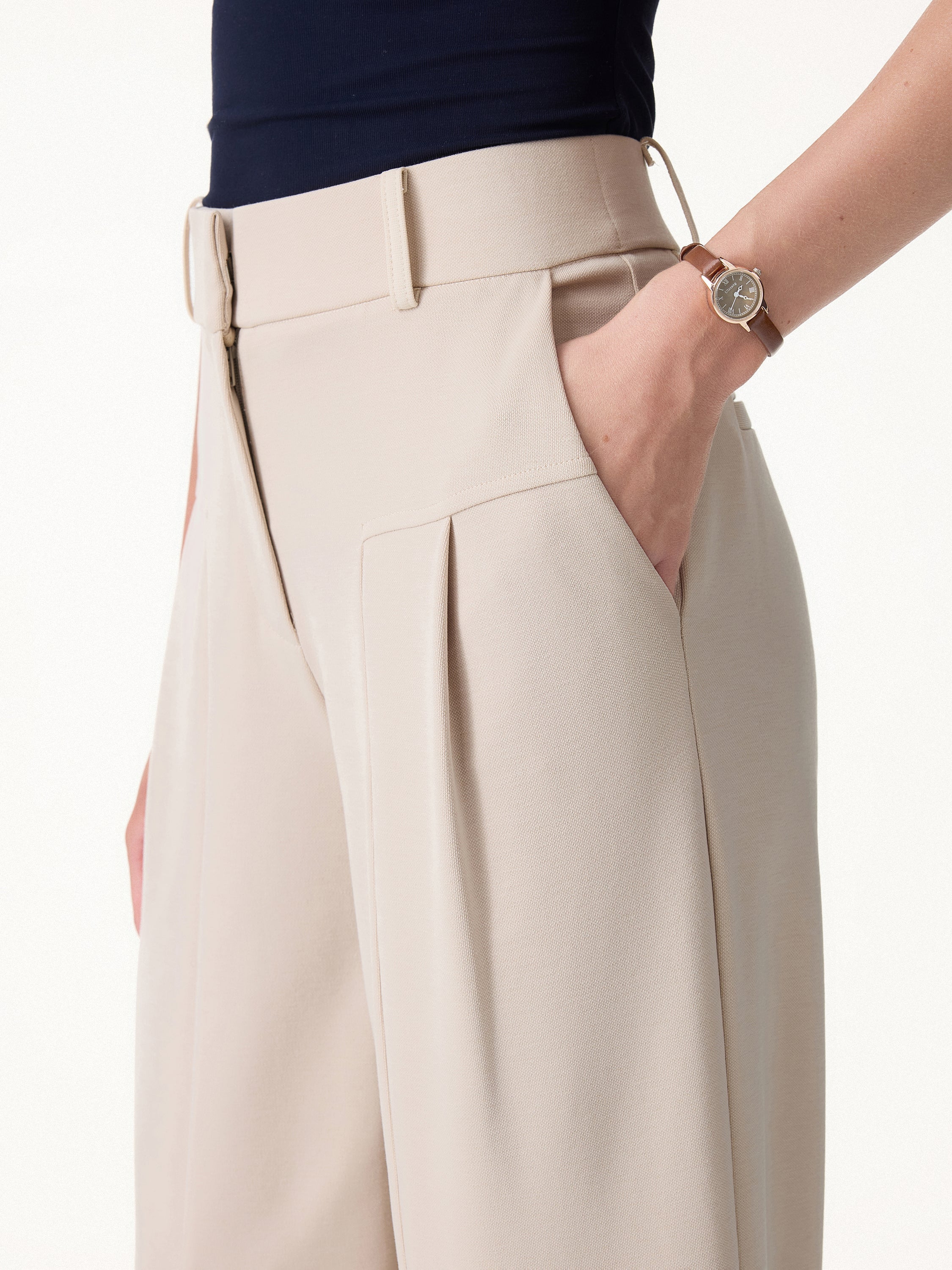 Stretch Cotton Mid Rise Wide Leg Trouser