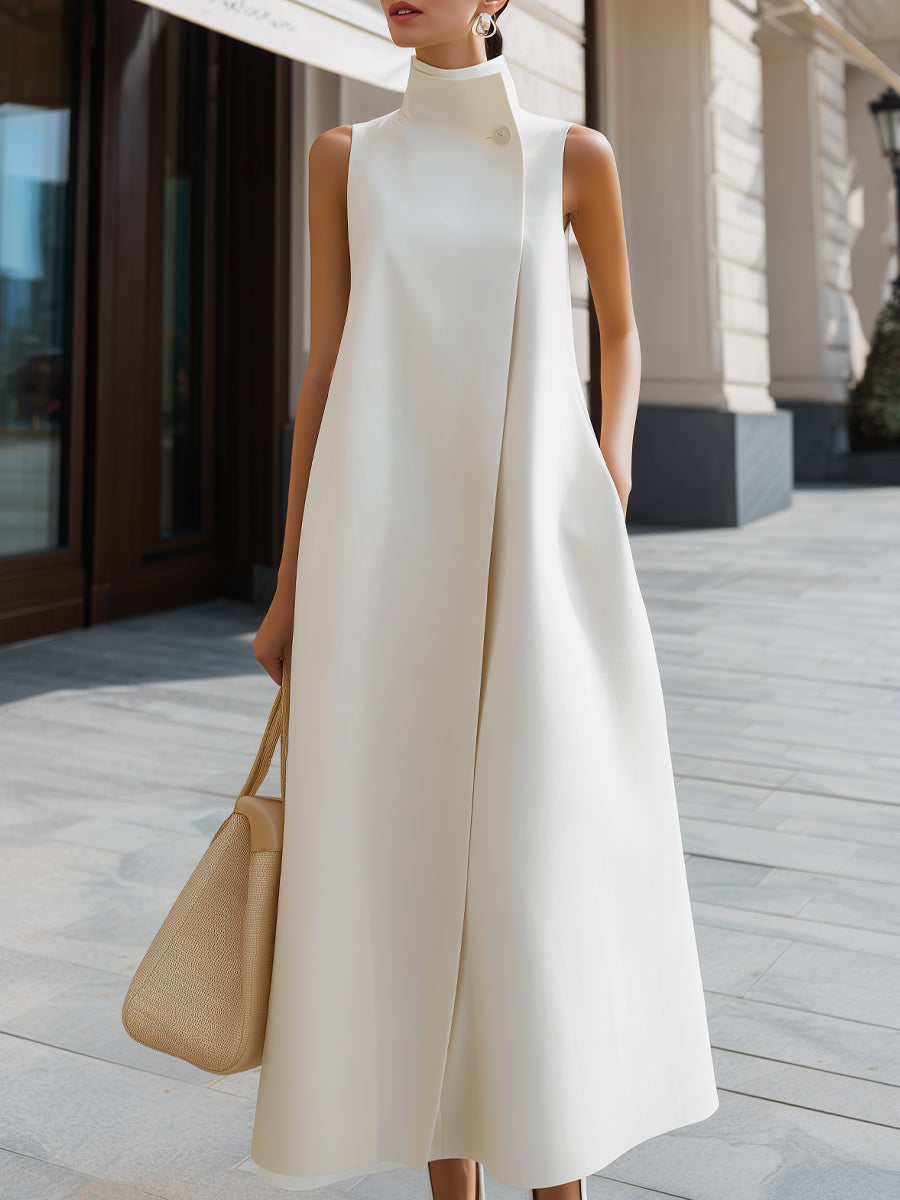 Léon Varel Asymmetric High-Neck Flowing A-Line Maxi Dress