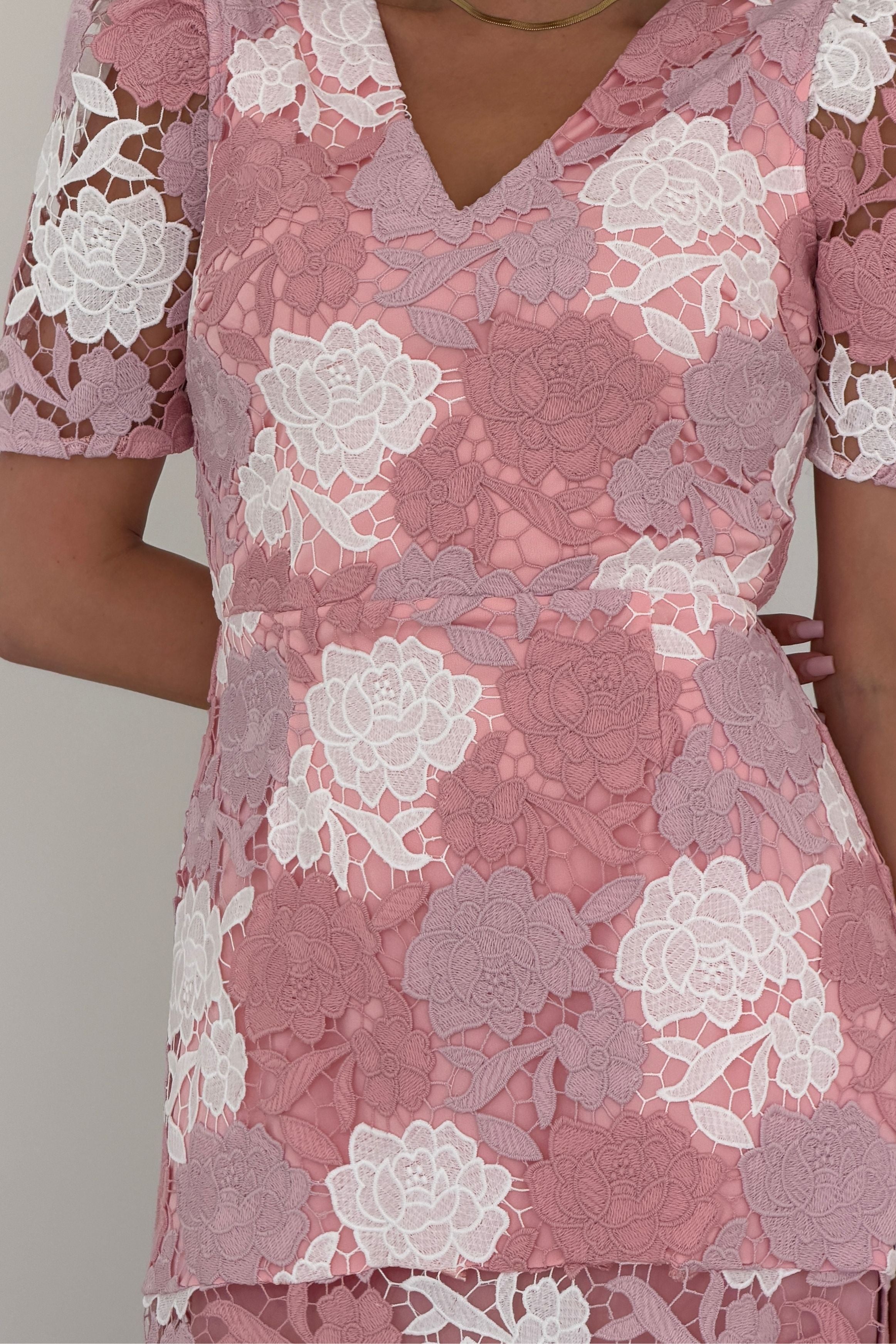 Myrtle V Neck A Line Floral Pastel Lace Midi Dress Pink
